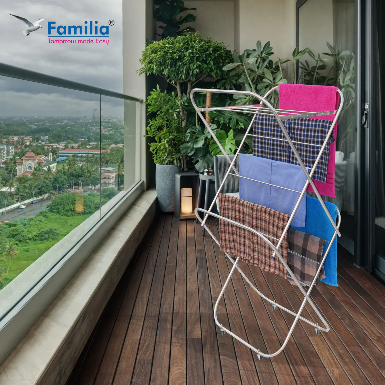 Image of Familia Steel Floor Cloth Dryer Stand Heavy Duty Stainless Steel Foldable Clothes Drying Stand with Wheels (CSW (19mm)