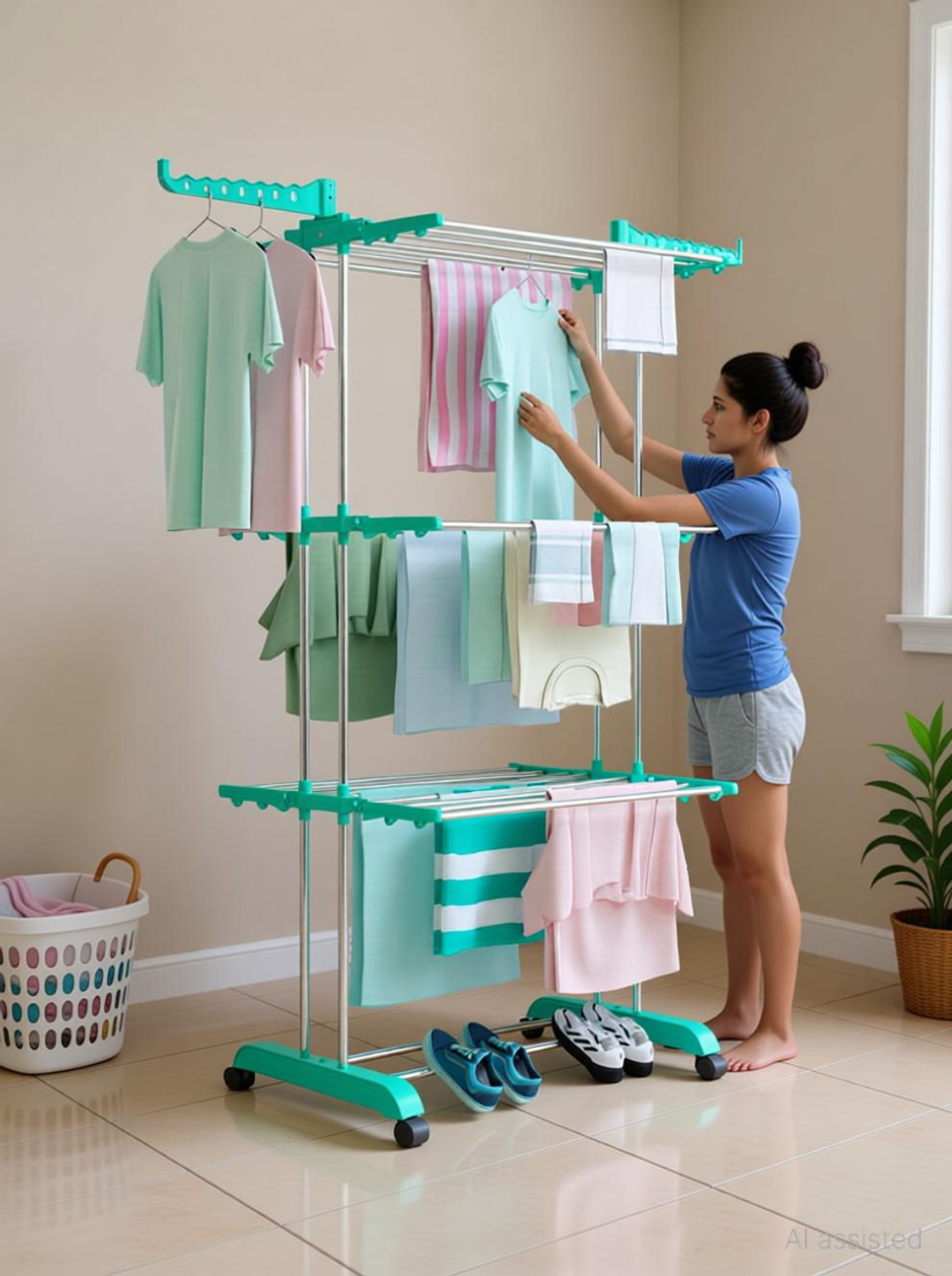 Image of V-MOP Plastic, Steel Floor Cloth Dryer Stand prime choice c-green Clothes Drying Rack, Stainless Steel, For Indoor, outdoor