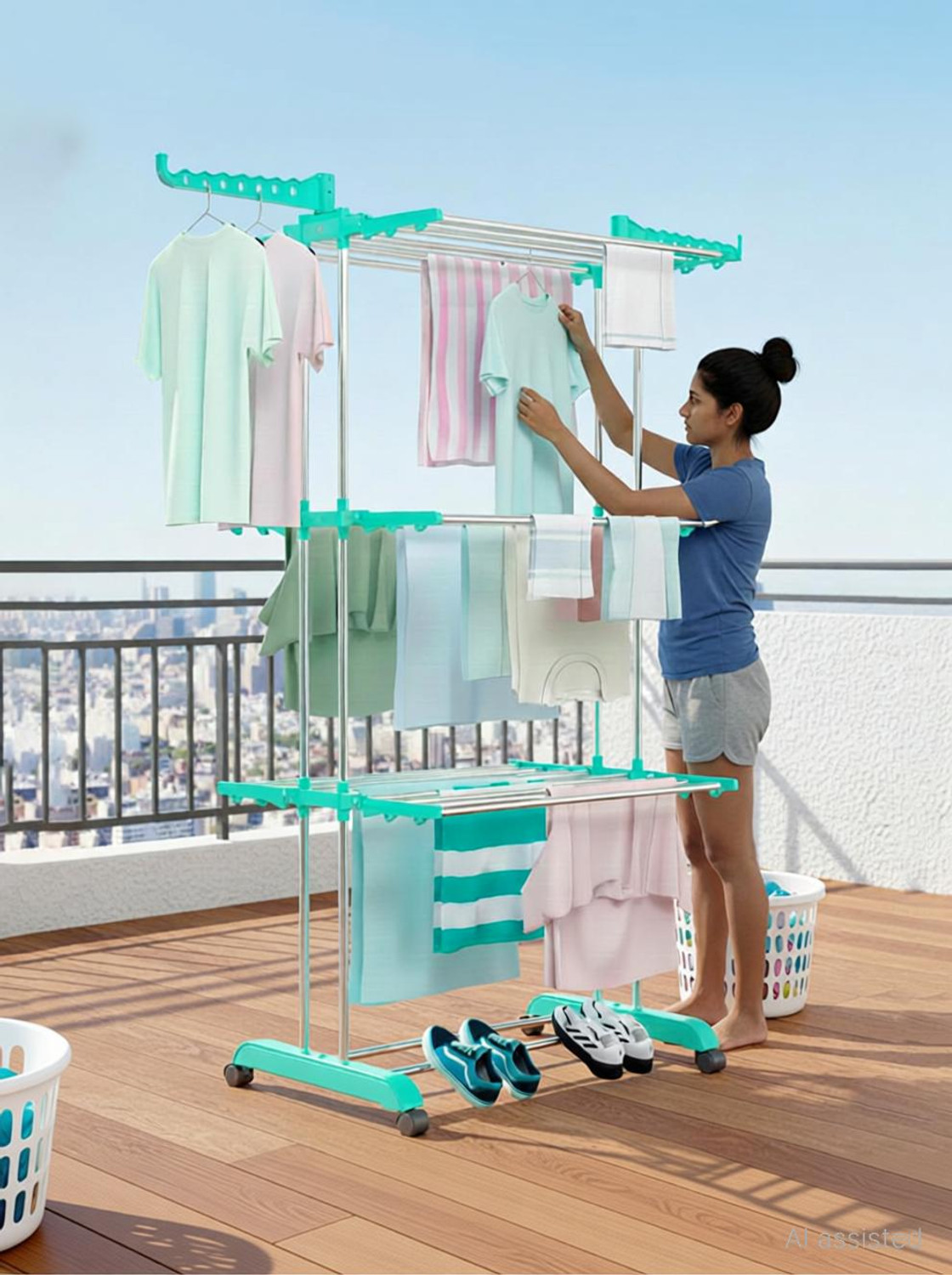 Image of V-MOP Plastic, Steel Floor Cloth Dryer Stand prime choice c-green Clothes Drying Rack, Stainless Steel, For Indoor, outdoor