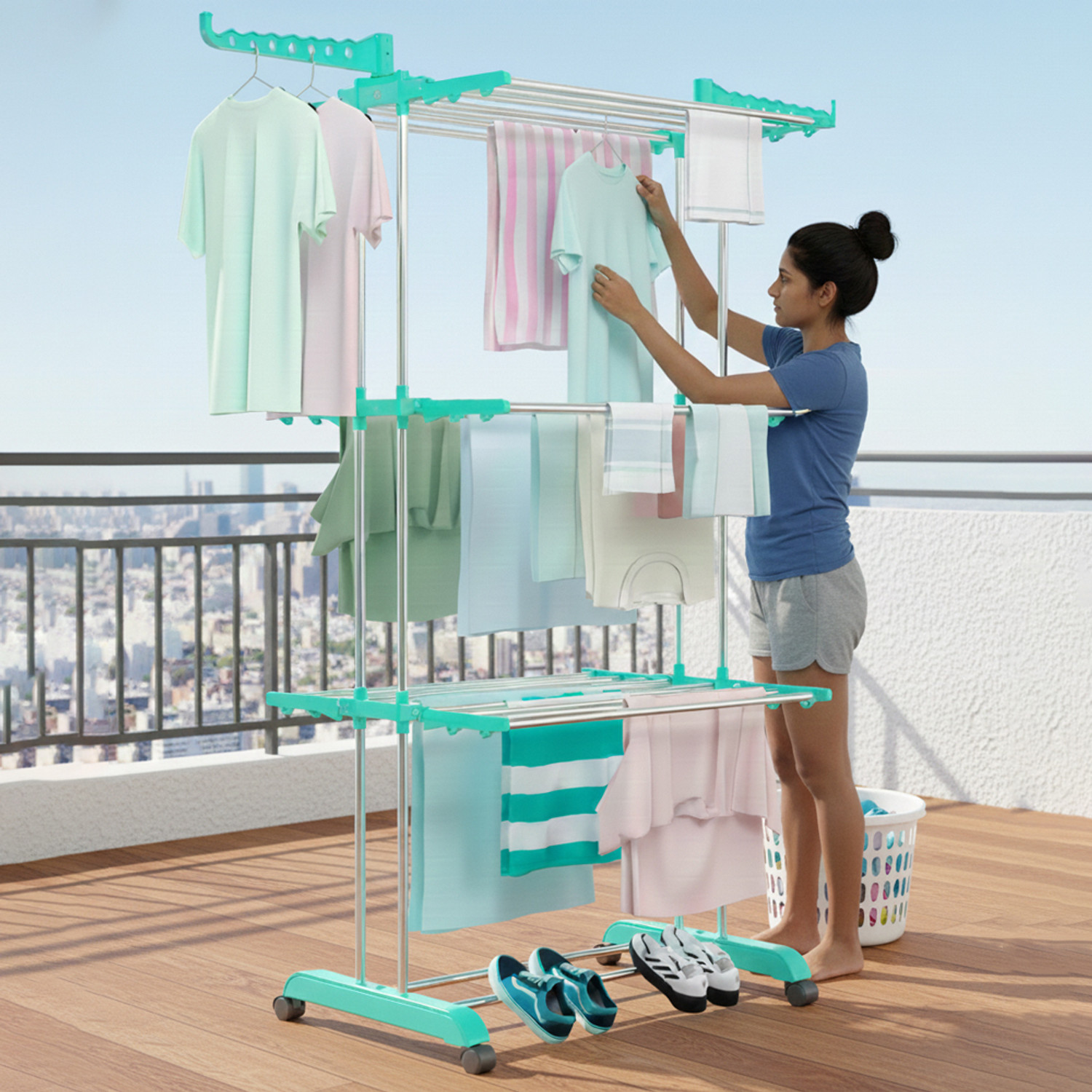 Image of V-MOP Plastic, Steel Floor Cloth Dryer Stand prime choice c-green Clothes Drying Rack, Stainless Steel, For Indoor, outdoor