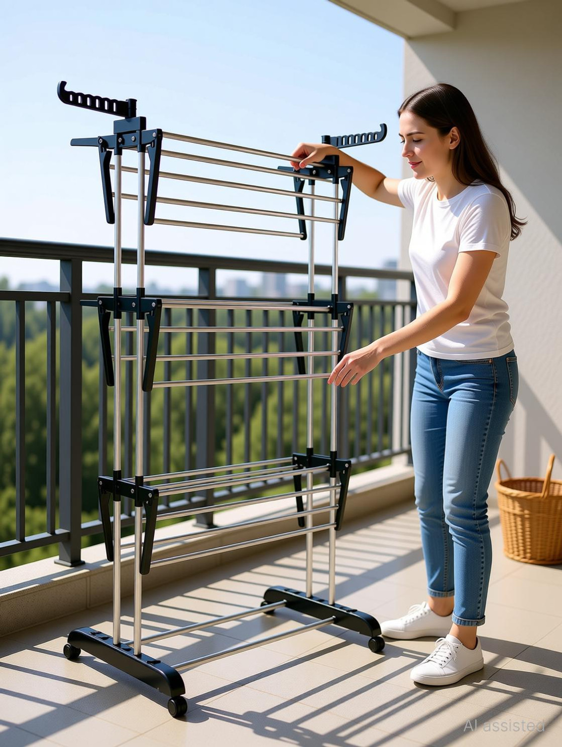 Image of TNG Steel Floor Cloth Dryer Stand Classic Stainless Steel Cloth Dry Stand (Black)
