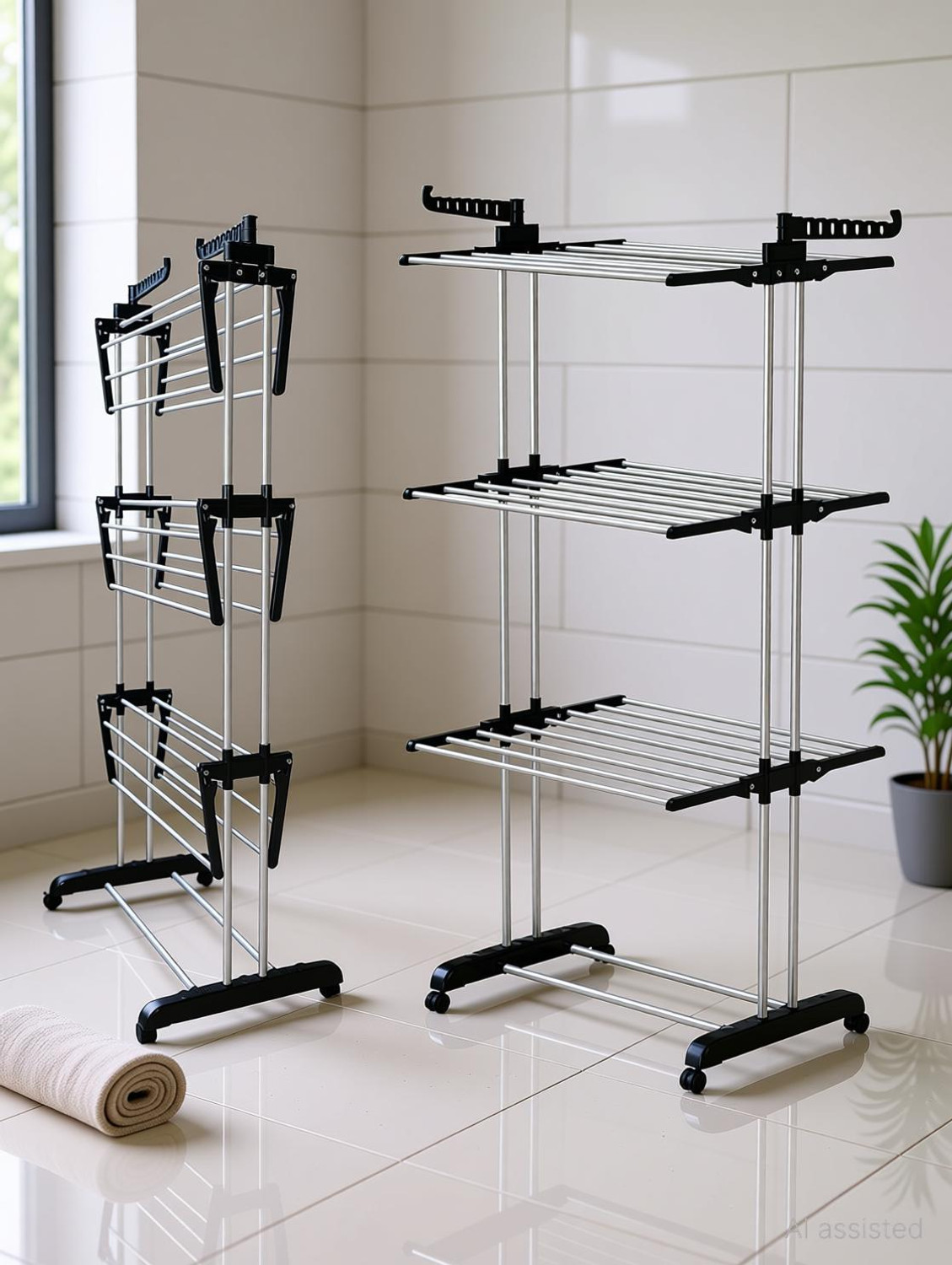 Image of TNG Steel Floor Cloth Dryer Stand Classic Stainless Steel Cloth Dry Stand (Black)