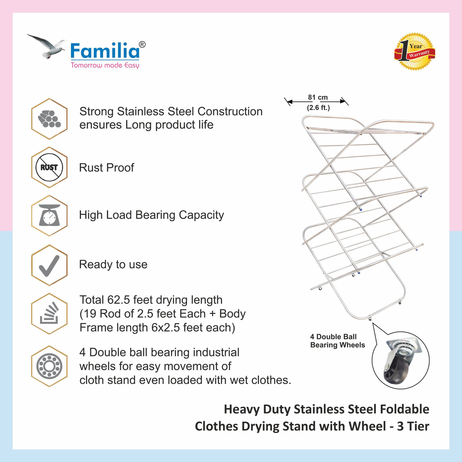 Image of Familia Steel Floor Cloth Dryer Stand Heavy Duty Stainless Steel Foldable Clothes Drying Stand with Wheels (CSW (19mm)