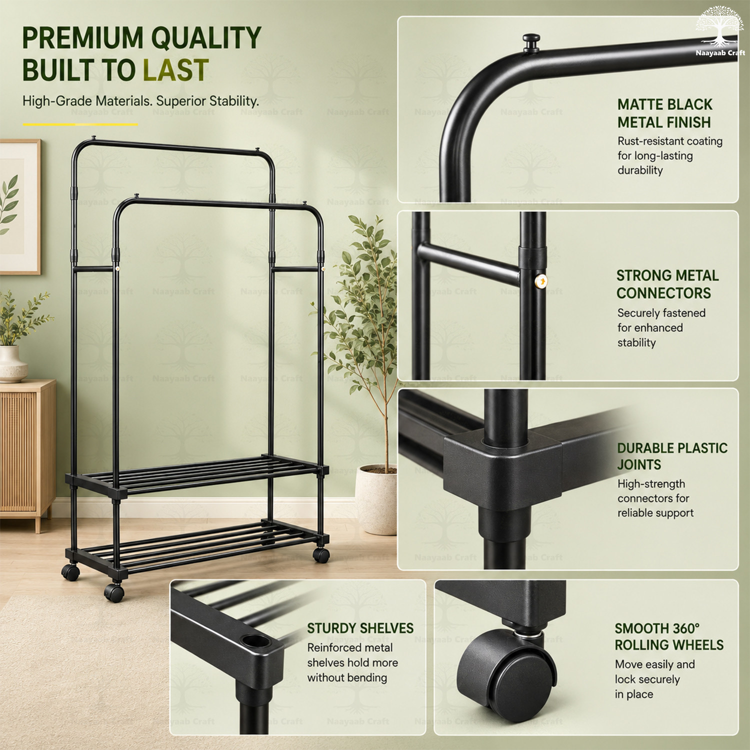 Image of Naayaab Craft Aluminium Floor Cloth Dryer Stand with Clothes Rack & Storage Shelf, Space‑Saving Home Organizer Stand Coat Rack