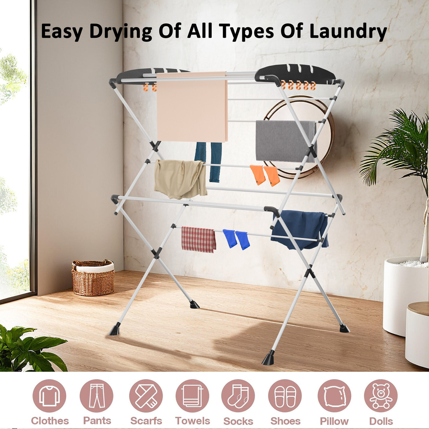 Image of Heart Home Steel Floor Cloth Dryer Stand Foldable