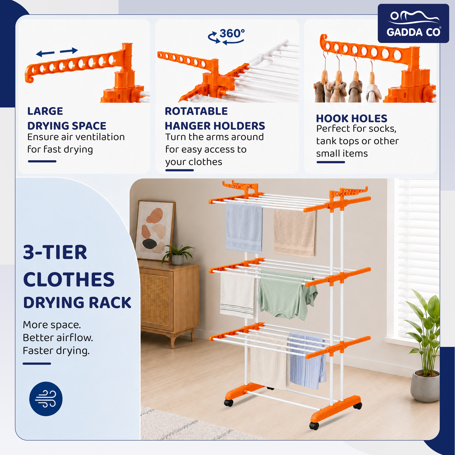 Image of GADDA CO Steel Floor Cloth Dryer Stand Premium Stainless Steel Clothes Stand For Drying With Wheels