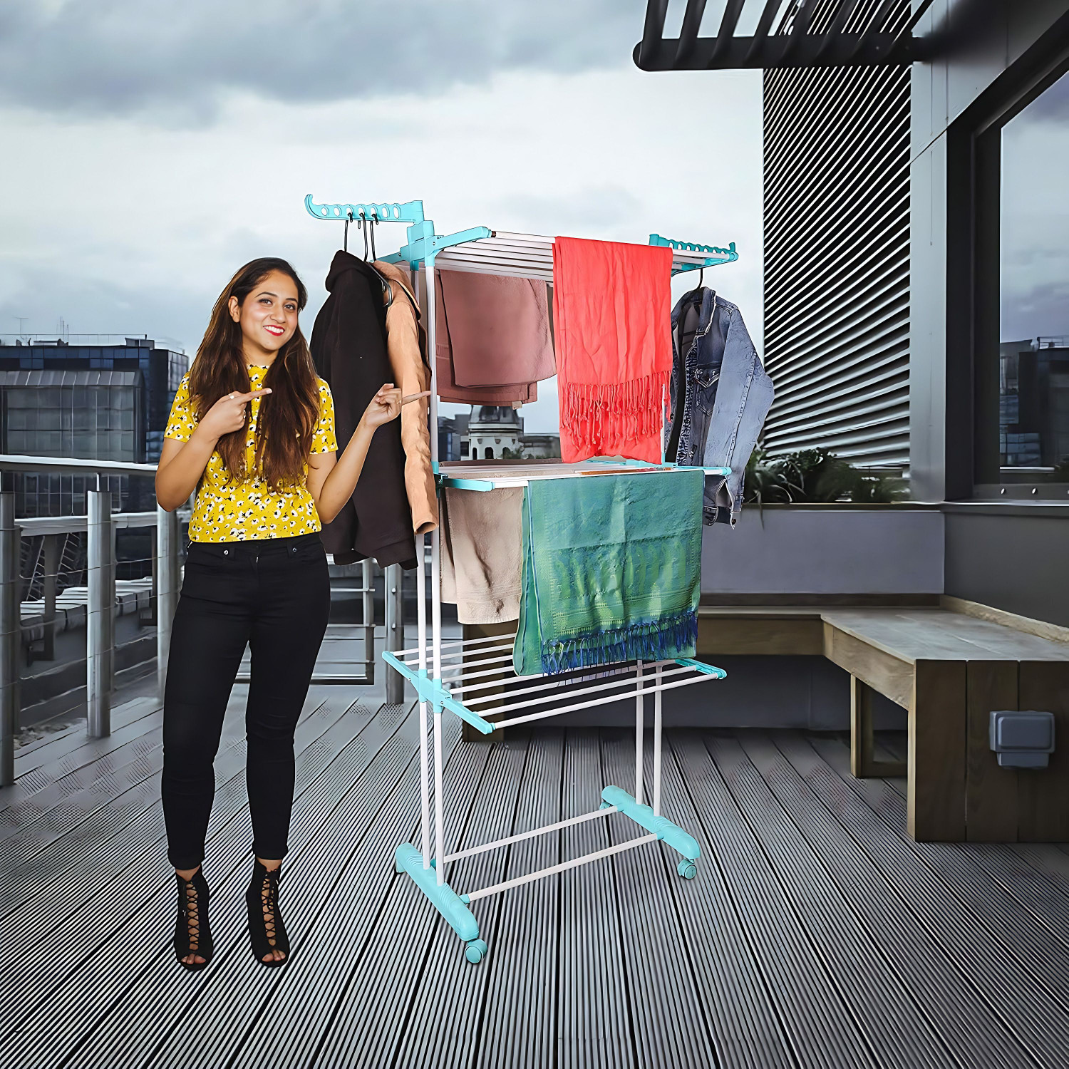 Image of PARASNATH Steel Floor Cloth Dryer Stand Laxury 6 Layers Aqua Cloth Drying Stand Rack (Aqua Colour) with Wheel