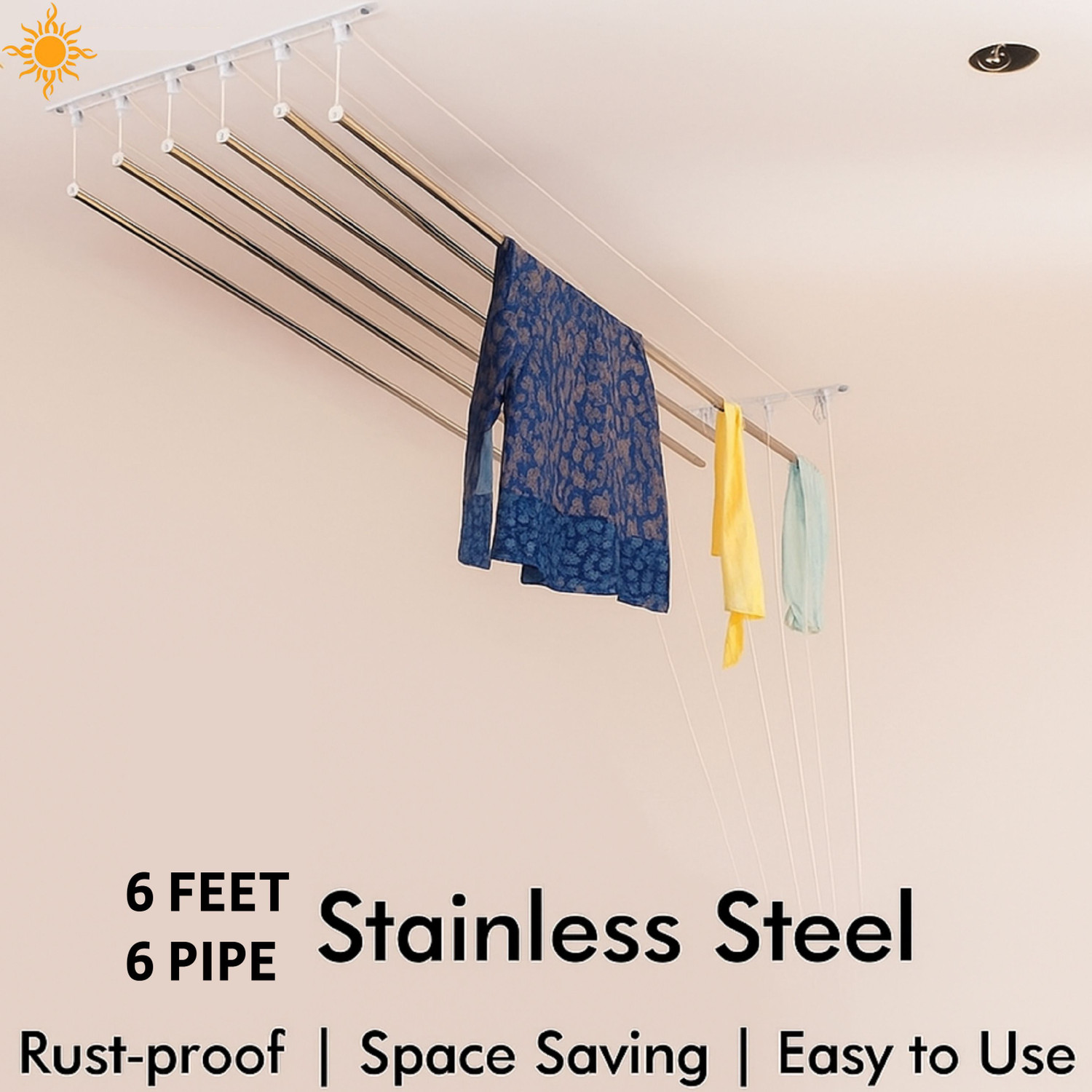 Image of ATM Enterprises Steel Ceiling Cloth Dryer Stand 6 Feet 6 Pipes set with Metal Channel & 16MM Stainless Steel Pipes