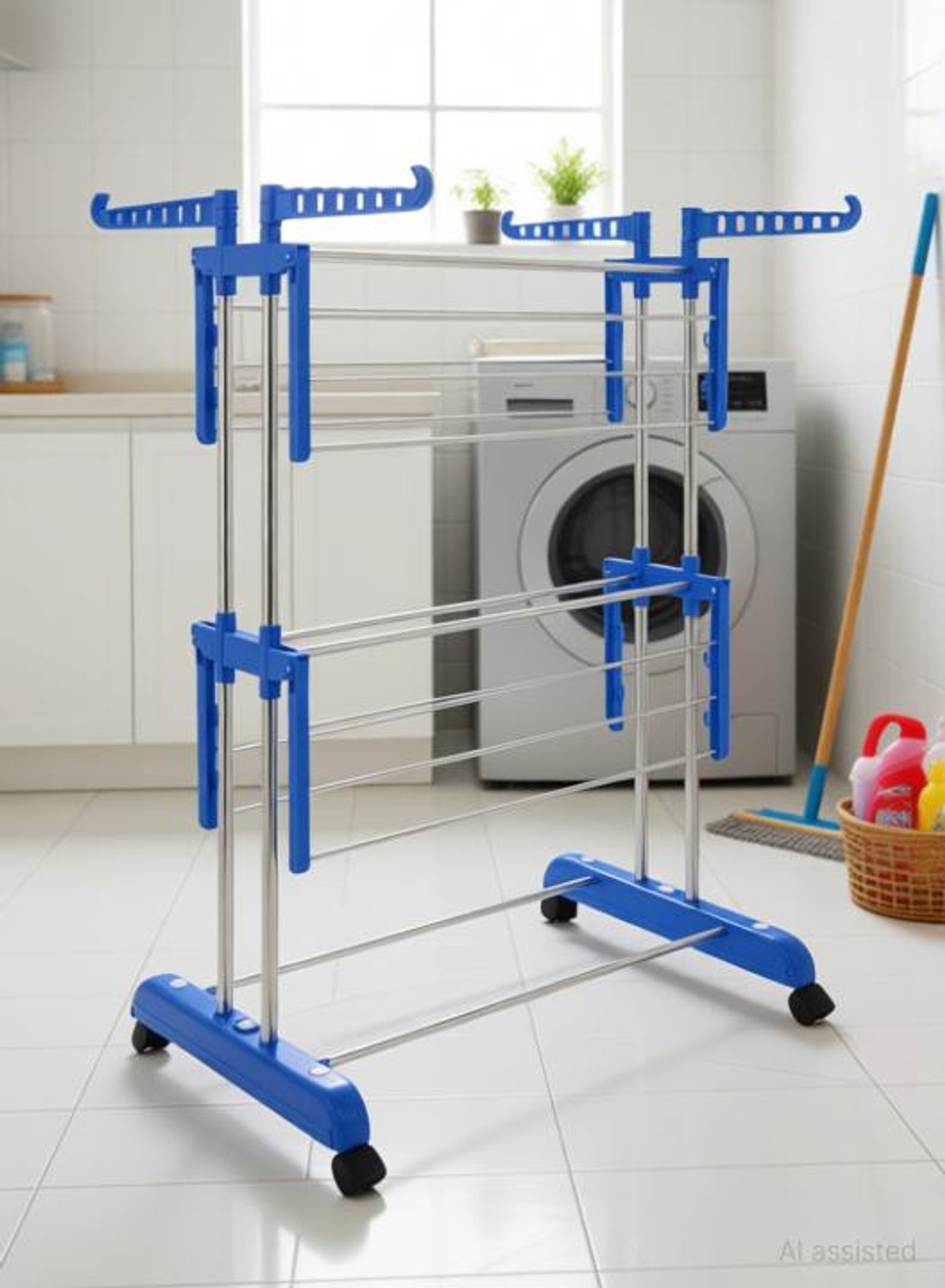 Image of FAVOUR Plastic, Steel Floor Cloth Dryer Stand Innovattive Design Double Pole 2Tier Easy to Move Cloth Stand