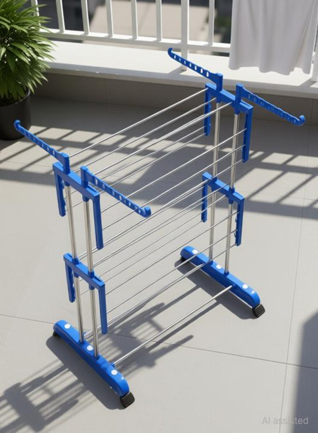 Image of FAVOUR Plastic, Steel Floor Cloth Dryer Stand Innovattive Design Double Pole 2Tier Easy to Move Cloth Stand