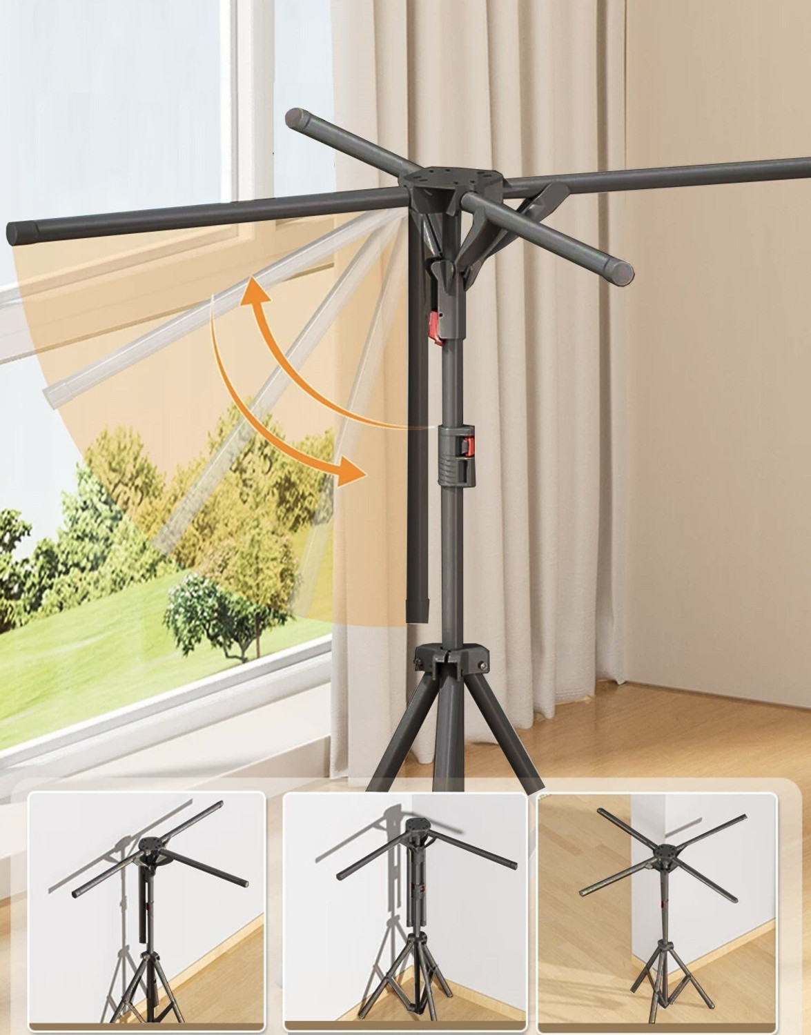 Image of LUKZER Steel Floor Cloth Dryer Stand Collapsible Tripod Clothes Drying Rack Adjustable Height, Indoor /Outdoor (Black)