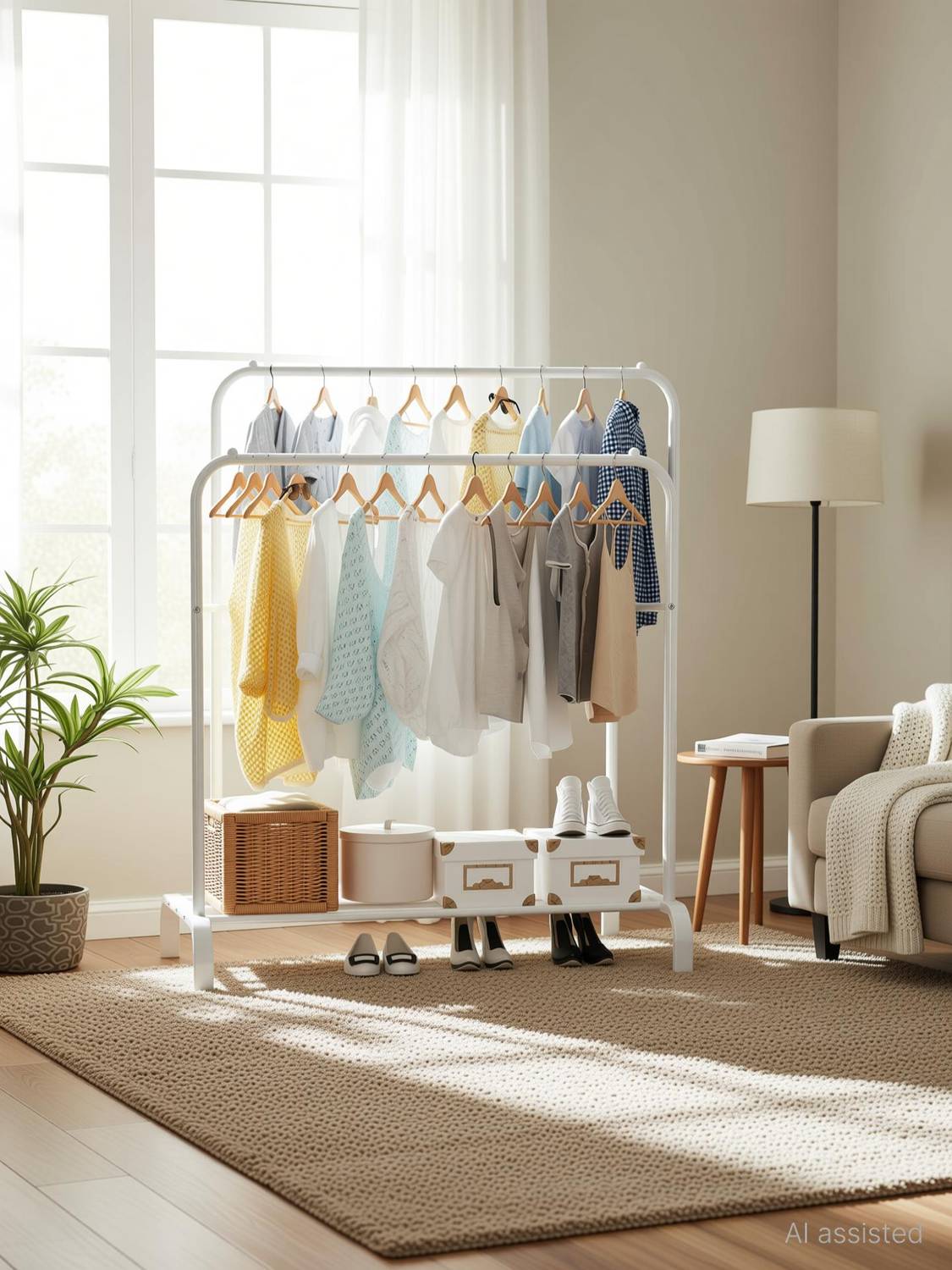 BUCKETLIST Steel Floor Cloth Dryer Stand Metal Garment Rack with Top Rod and Lower Storage Shelf with Hooks