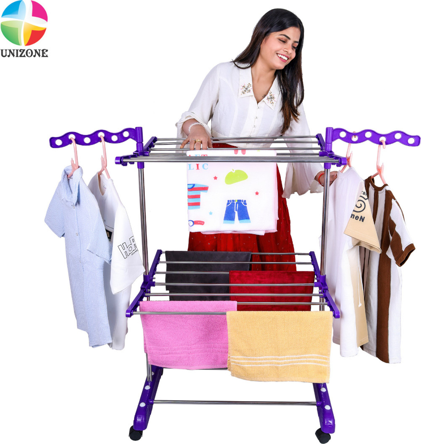 Image of Unizone Steel, Aluminium, Plastic Floor Cloth Dryer Stand SS Premium Compact Space Saving Foldable - US2002 Single Poll
