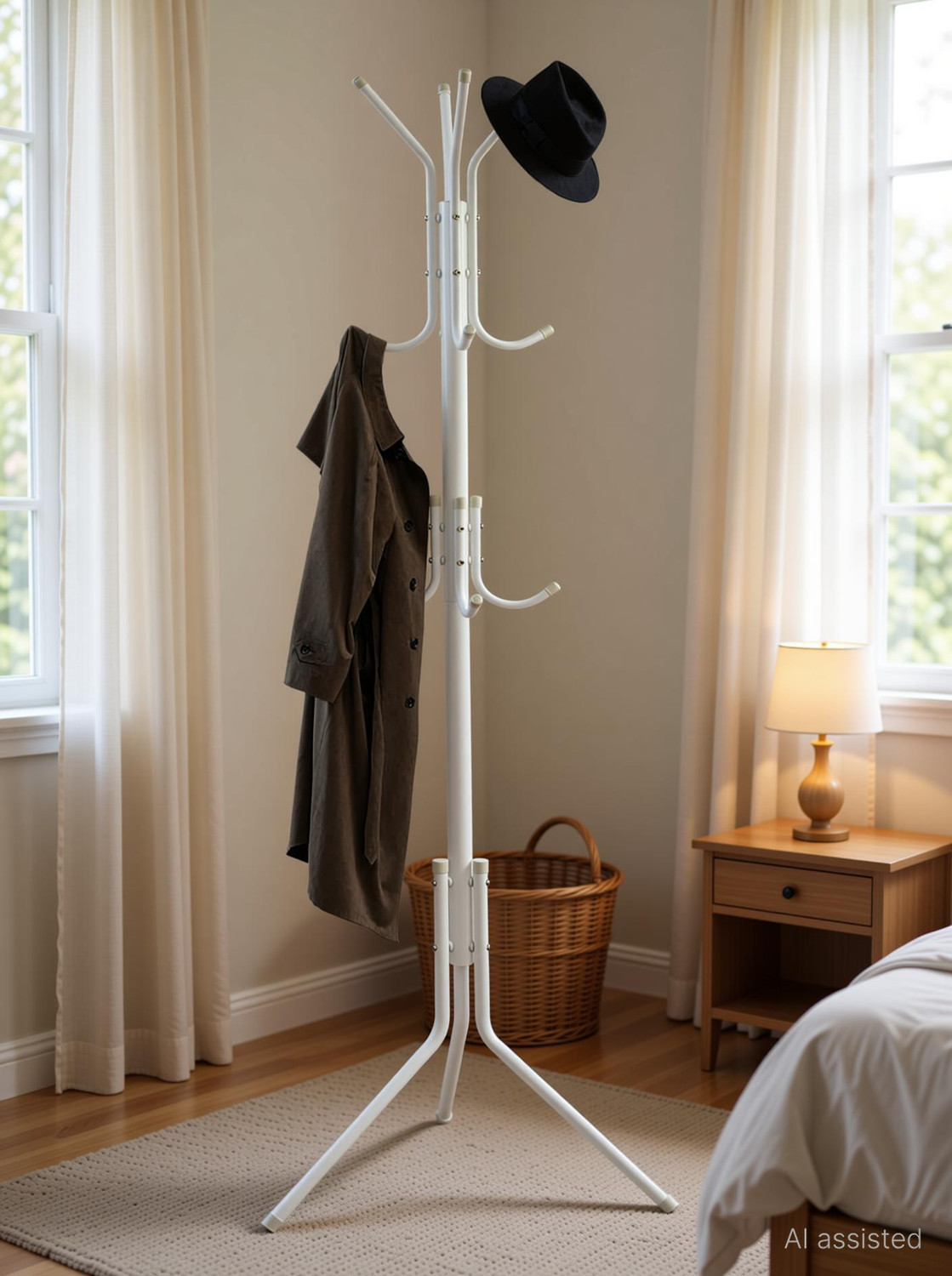 Image of HOUSE OF QUIRK Aluminium Floor Cloth Dryer Stand 12 Hooks Hat Rack for Hanging Bags Scarves Clothes Handbag-Black