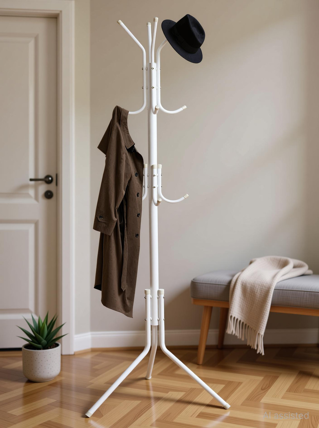 Image of HOUSE OF QUIRK Aluminium Floor Cloth Dryer Stand 12 Hooks Hat Rack for Hanging Bags Scarves Clothes Handbag-Black