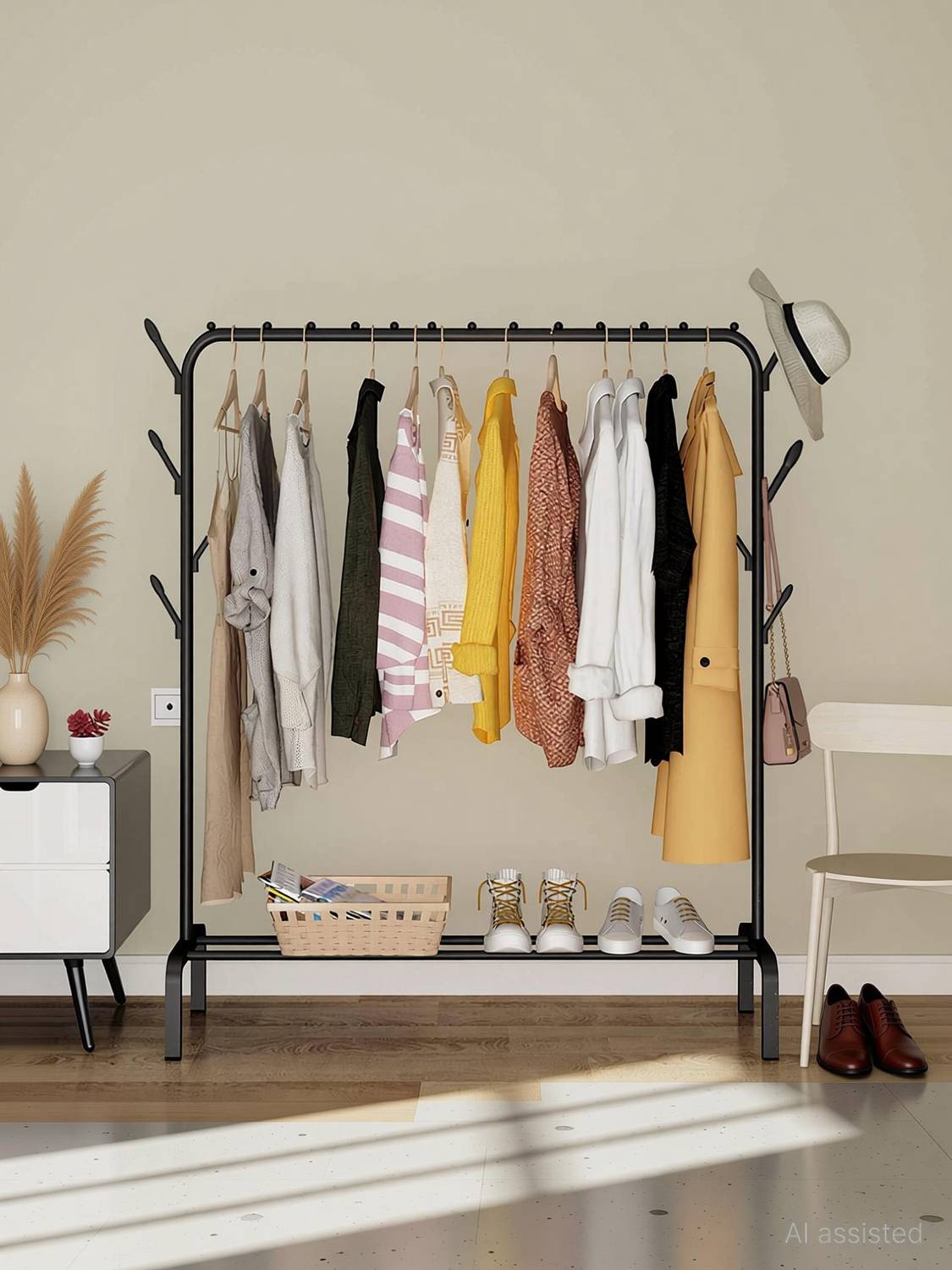 BUCKETLIST Steel Floor Cloth Dryer Stand with Storage Shelf and Side
