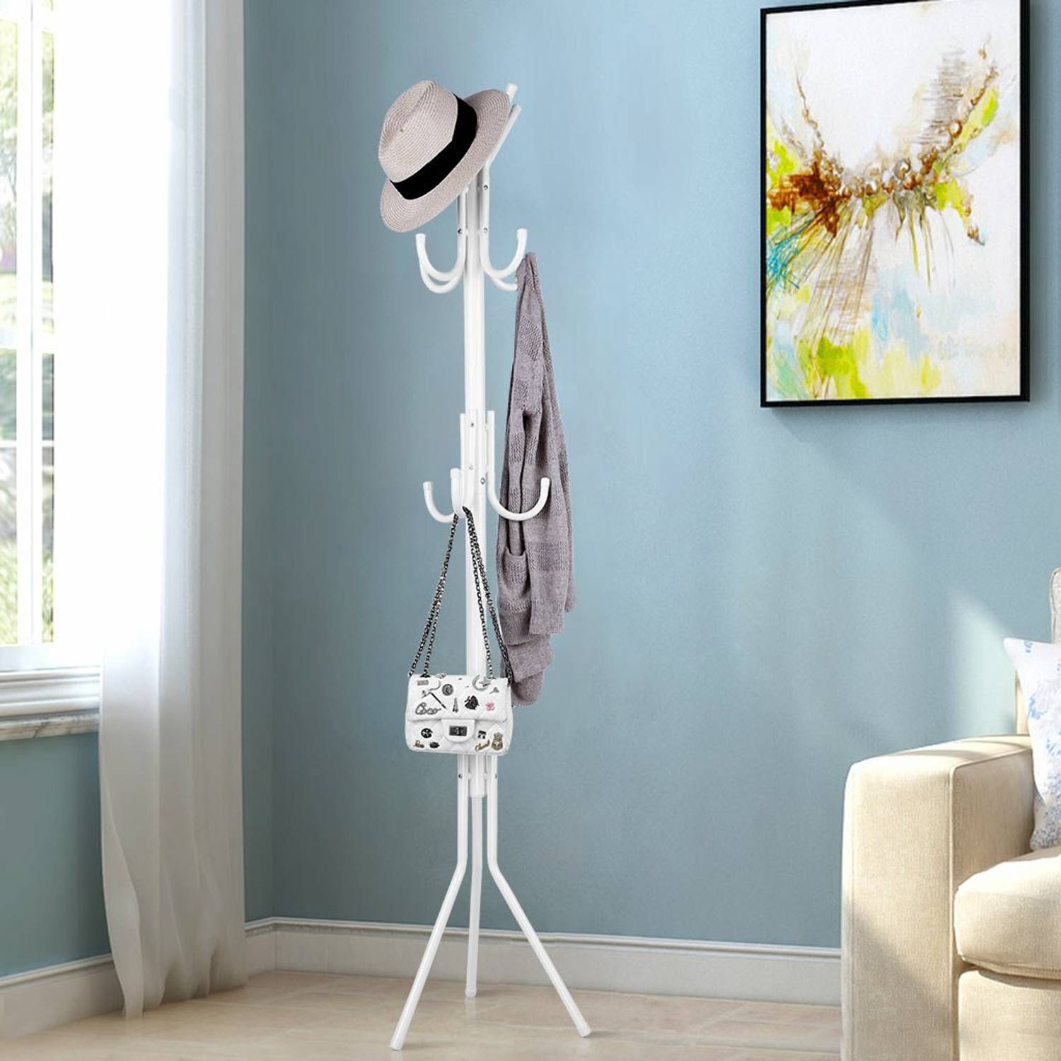 Afflatus Steel Floor Cloth Dryer Stand Cloth Stand for Rooms 12 Hooks Coat Rack Cloth Bedroom Cloth Stand Hanging Stand