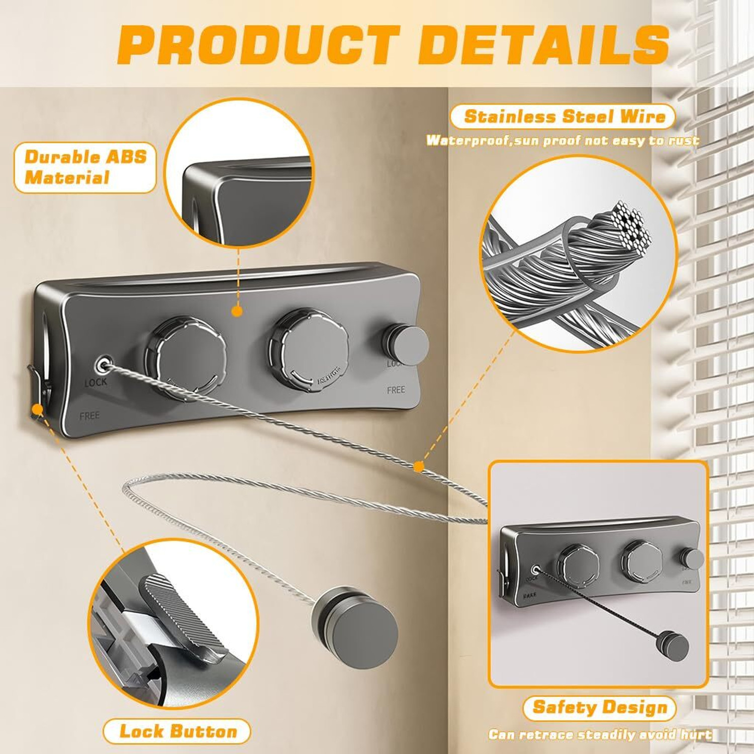 Image of PLAY HARD Retractable Dual Line Clothesline 16ft Wall Mounted Adjustable Laundry Plastic Retractable Clothesline