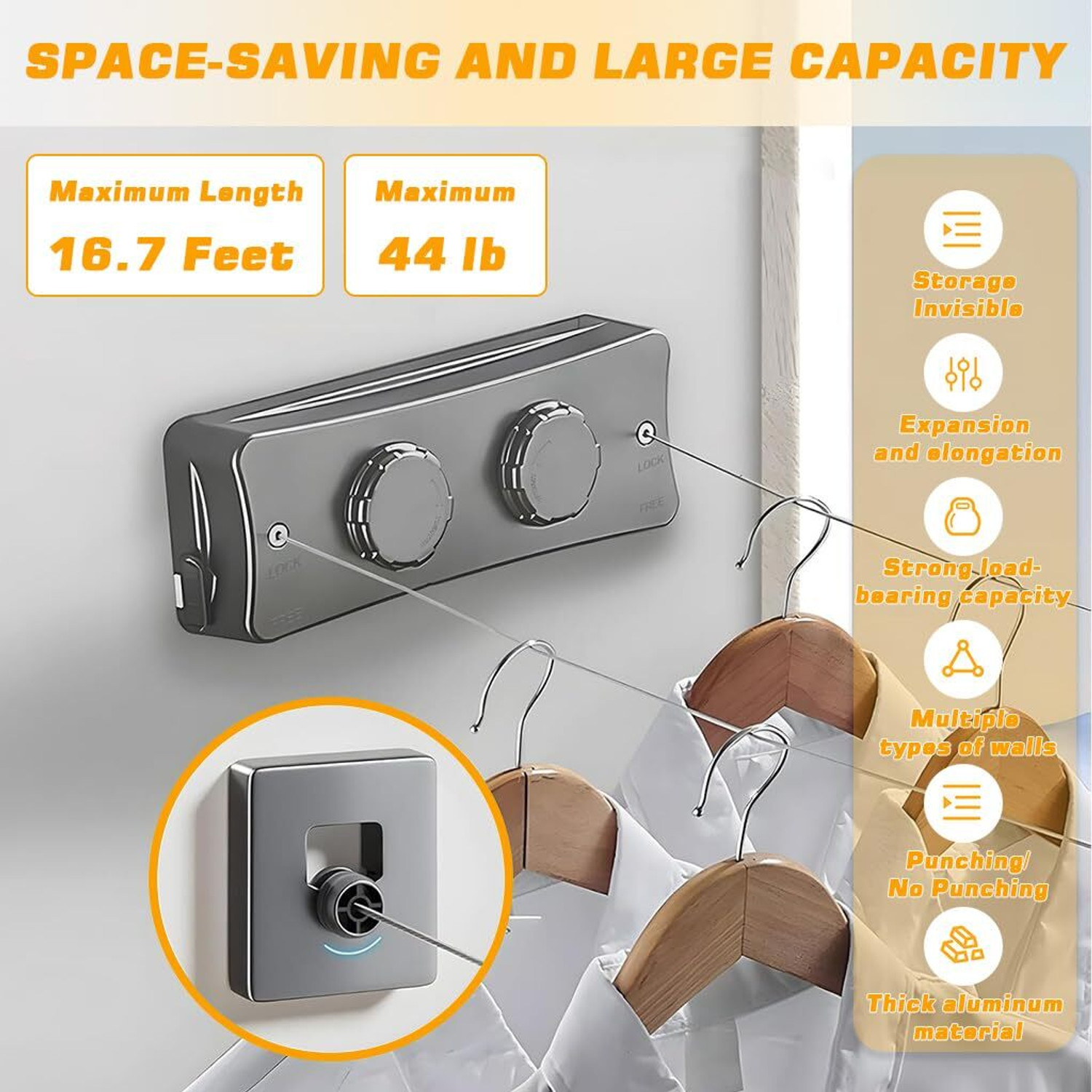 Image of PLAY HARD Retractable Dual Line Clothesline 16ft Wall Mounted Adjustable Laundry Plastic Retractable Clothesline