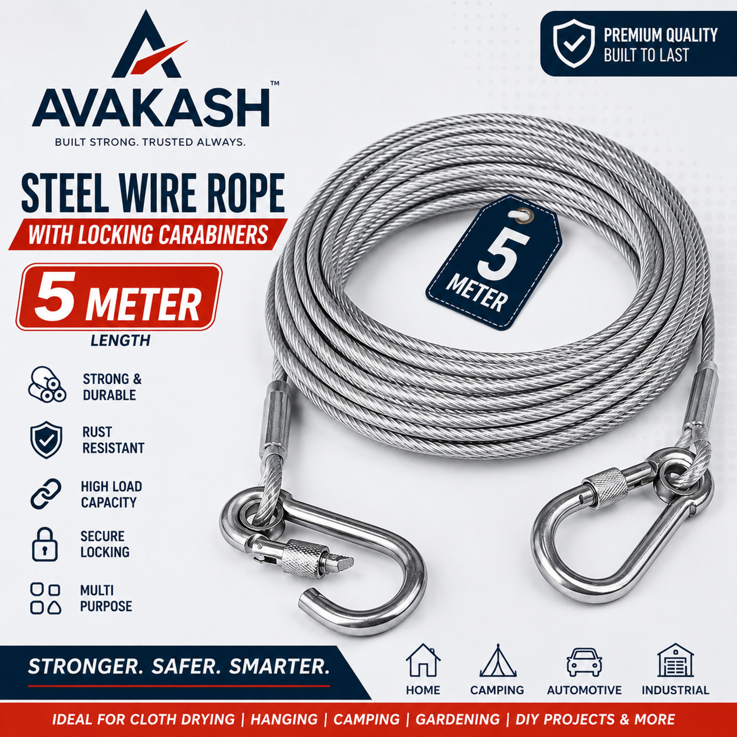 Image of AVAKASH AVAKASH 5M Stainless Steel Clothes Drying Rope with Locking Hooks Stainless Steel Clothesline