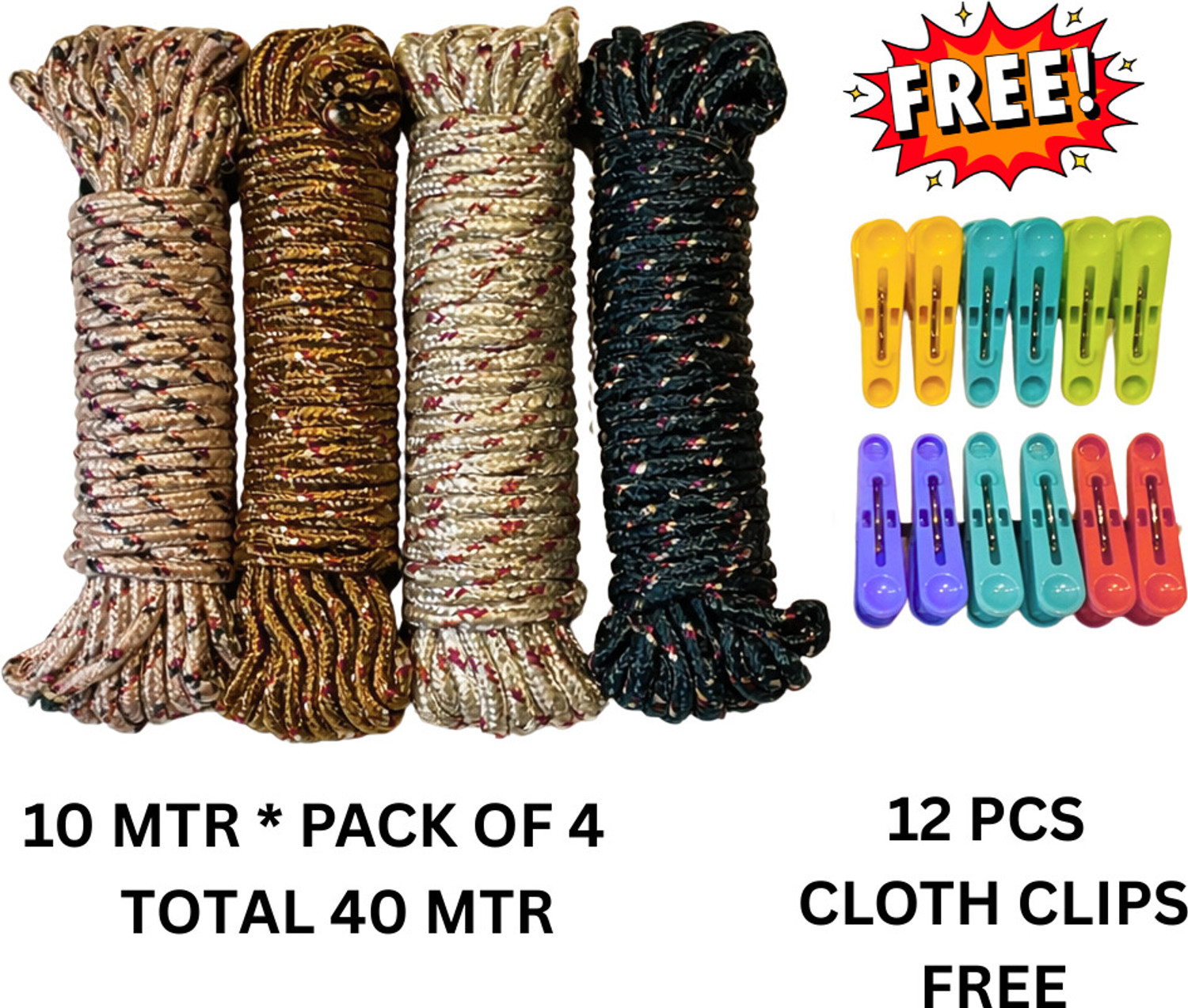 Image of NIROVA 40 Meter Clothesline Rope Set (Pack of 4 x 10M) with 12 Free Cloth Clips Nylon Clothesline (40 m)