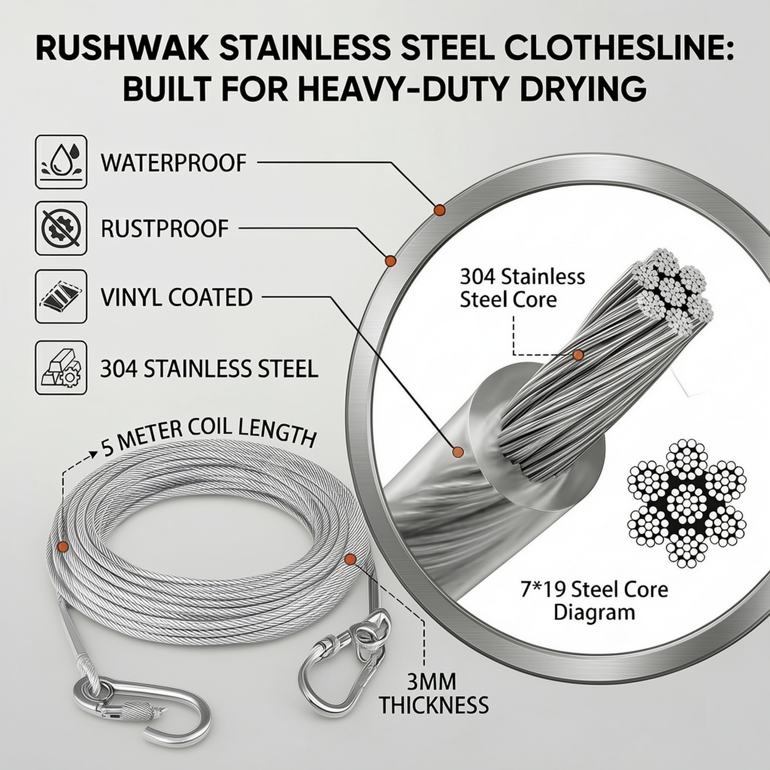 Image of SATKAVEE ENTERPRISE Steel Rope Wire for Cloth Drying Stainless Steel Retractable Clothesline Stainless Steel Retractable Clothesline