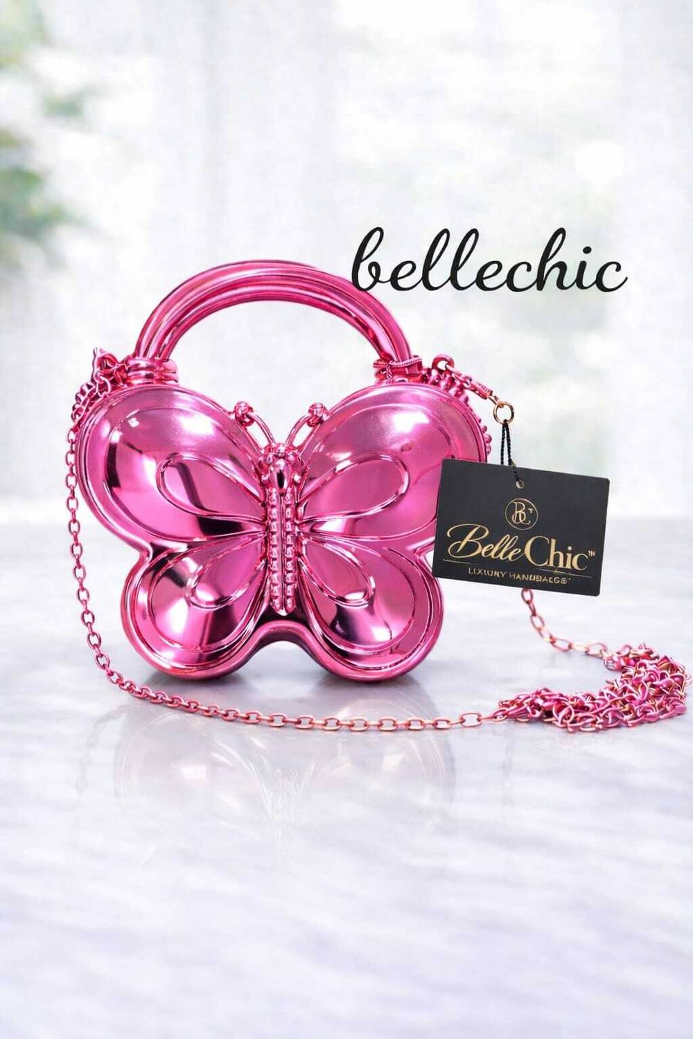 bellechic Pink Clutch Butterfly Shaped Mini Clutch Bag with Handle, Metallic Finish, Girls Fashion