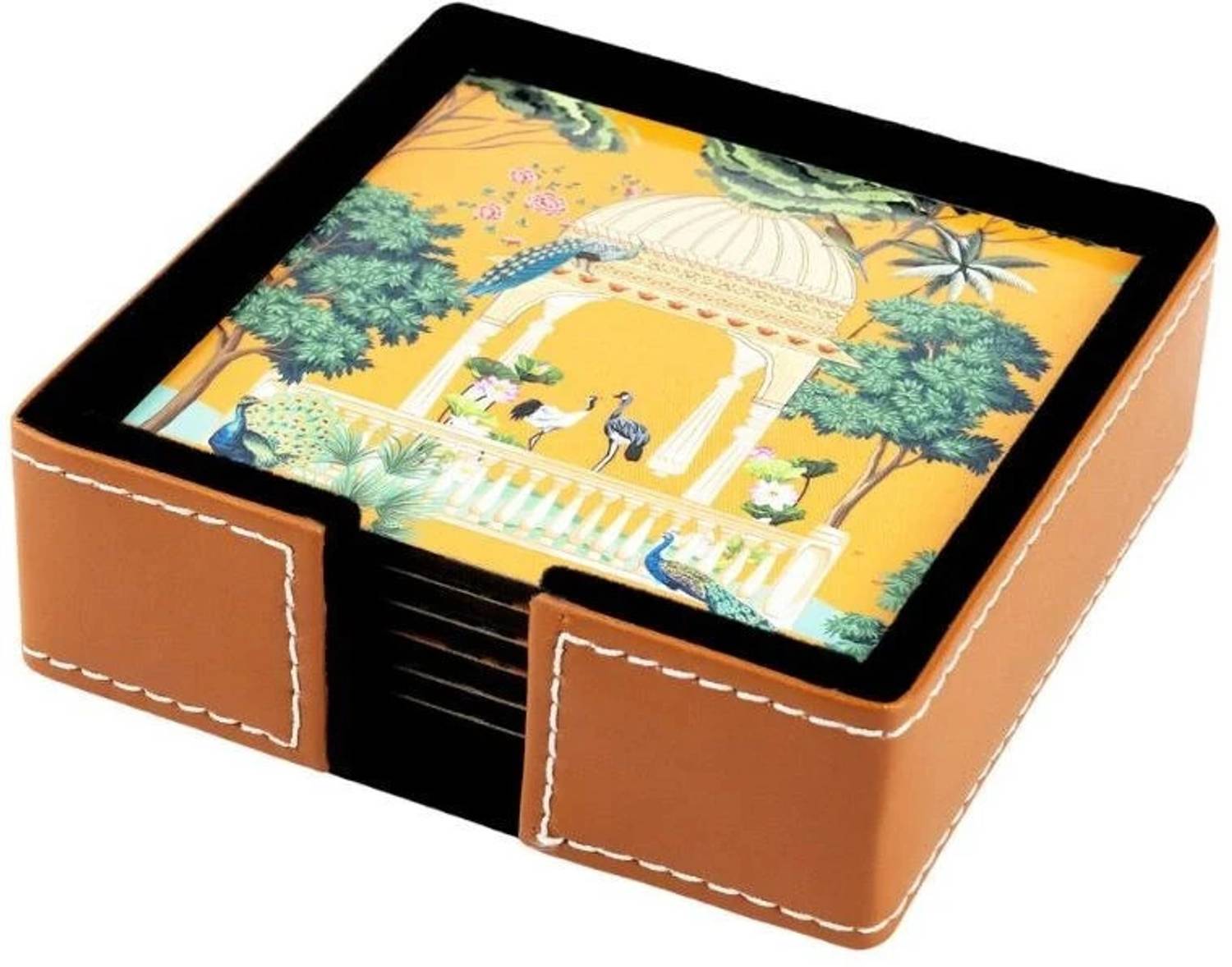 Birch & Co. Square Leather, Wood, Cork Coaster Set