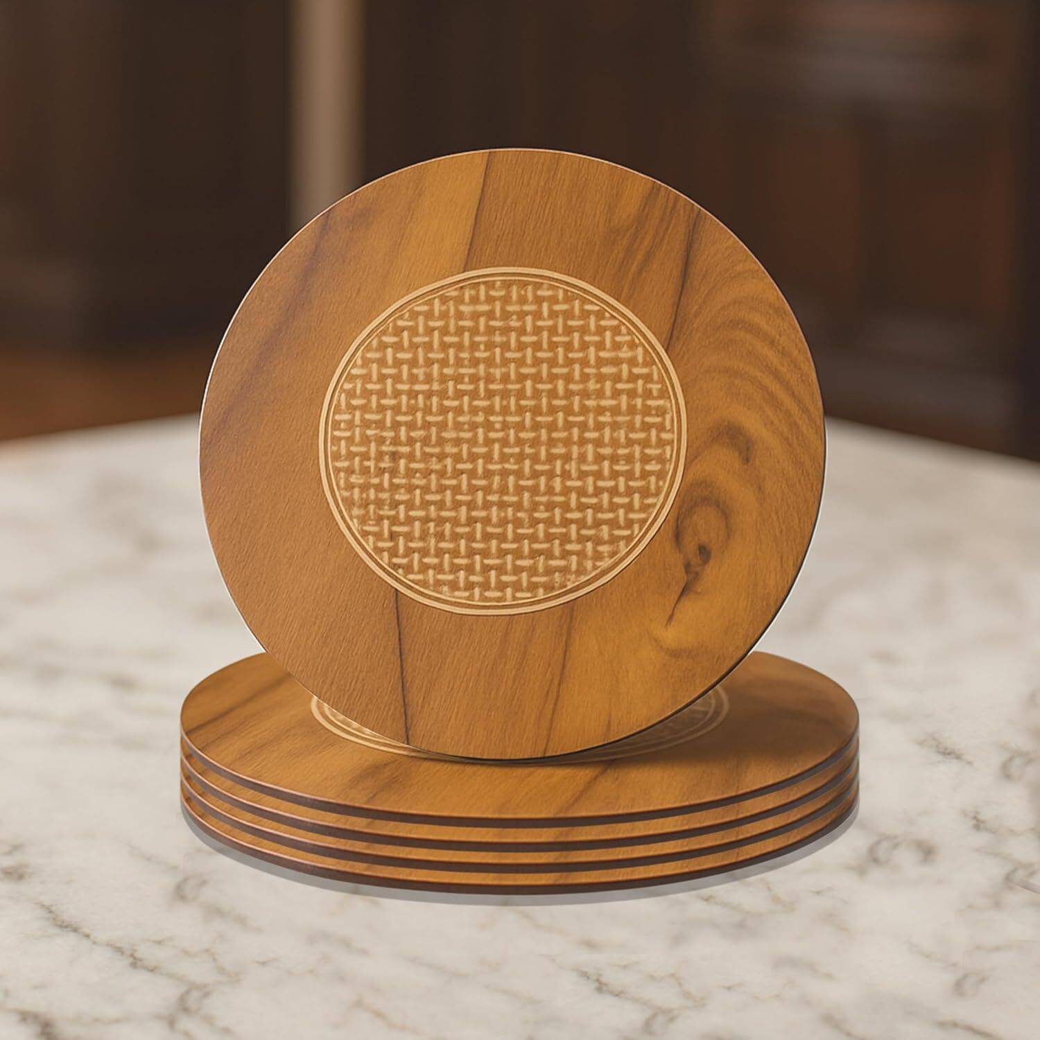 THEODORE Bamboo Wooden Heat Resistant Coasters Set of 4 Eco Friendly Pot Holder Anti Slip Wooden Trivet — Knives & Chopping Tools