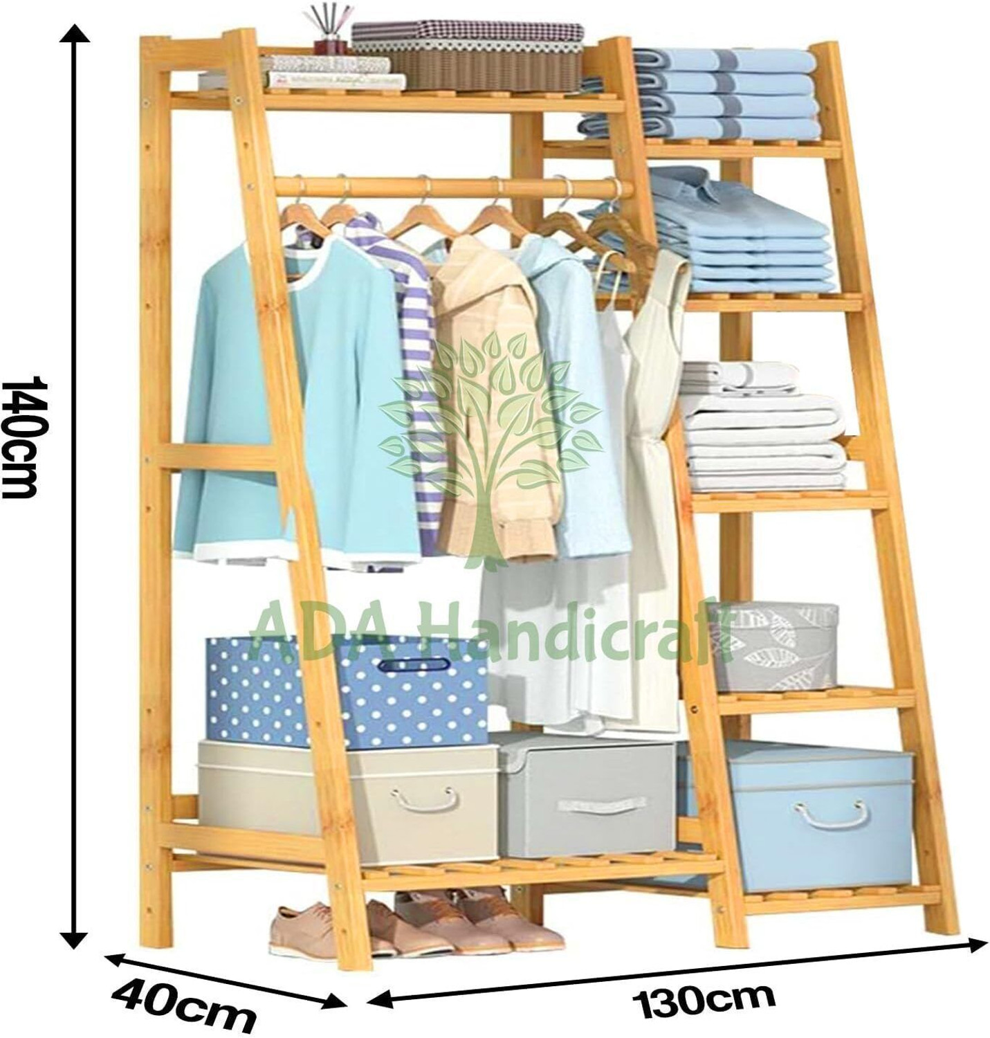 Image of ADA Handicraft Premium Natural Bambo Cloth Garment Rack Storage Shelf with Suitcase Rack 5-Tier Bamboo Coat and Umbrella Stand
