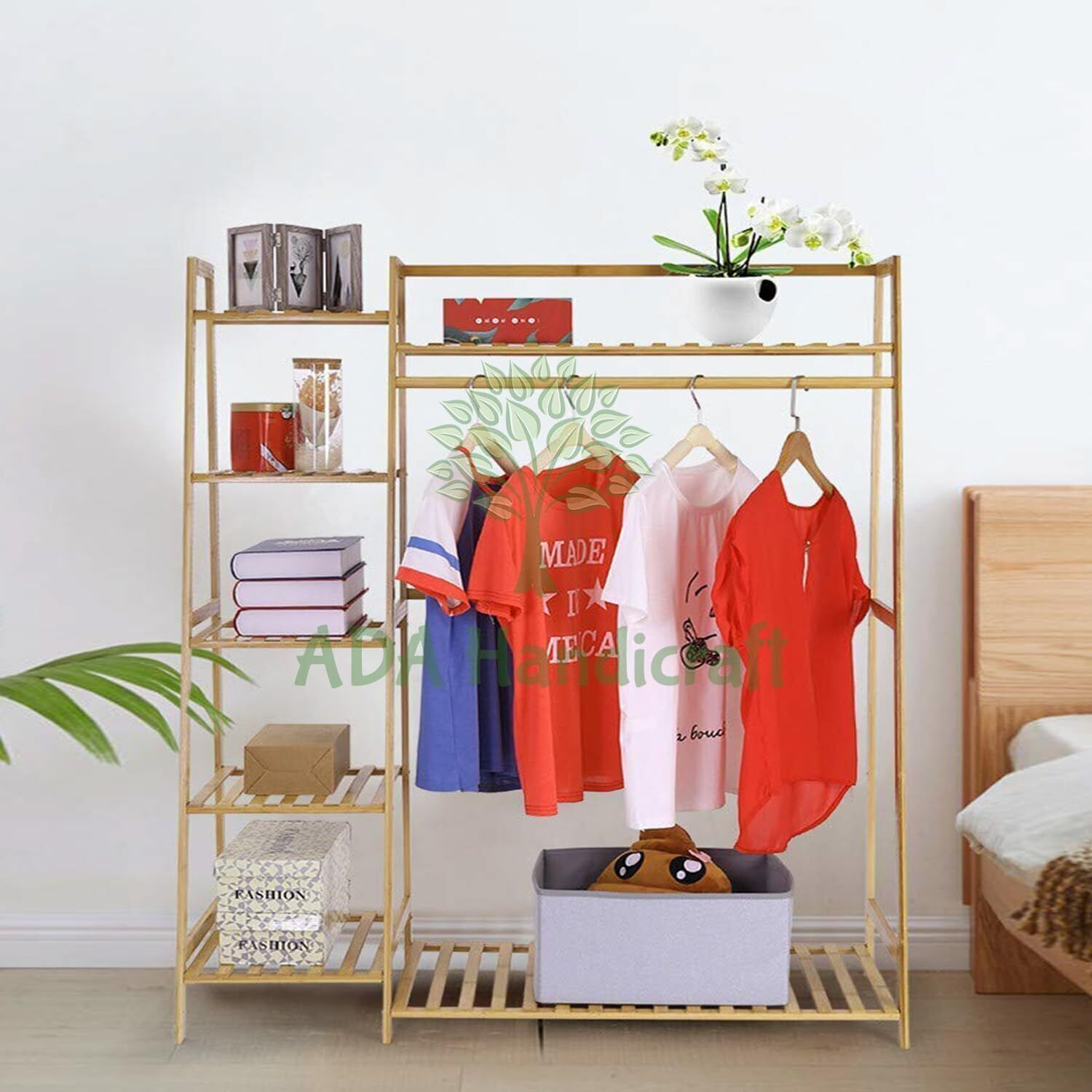 Image of ADA Handicraft Premium Natural Bambo Cloth Garment Rack Storage Shelf with Suitcase Rack 5-Tier Bamboo Coat and Umbrella Stand
