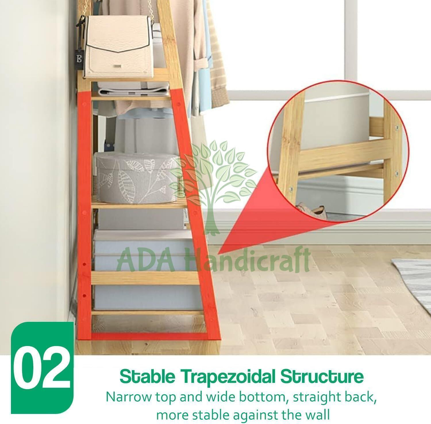 Image of ADA Handicraft Premium Natural Bambo Cloth Garment Rack Storage Shelf with Suitcase Rack 5-Tier Bamboo Coat and Umbrella Stand