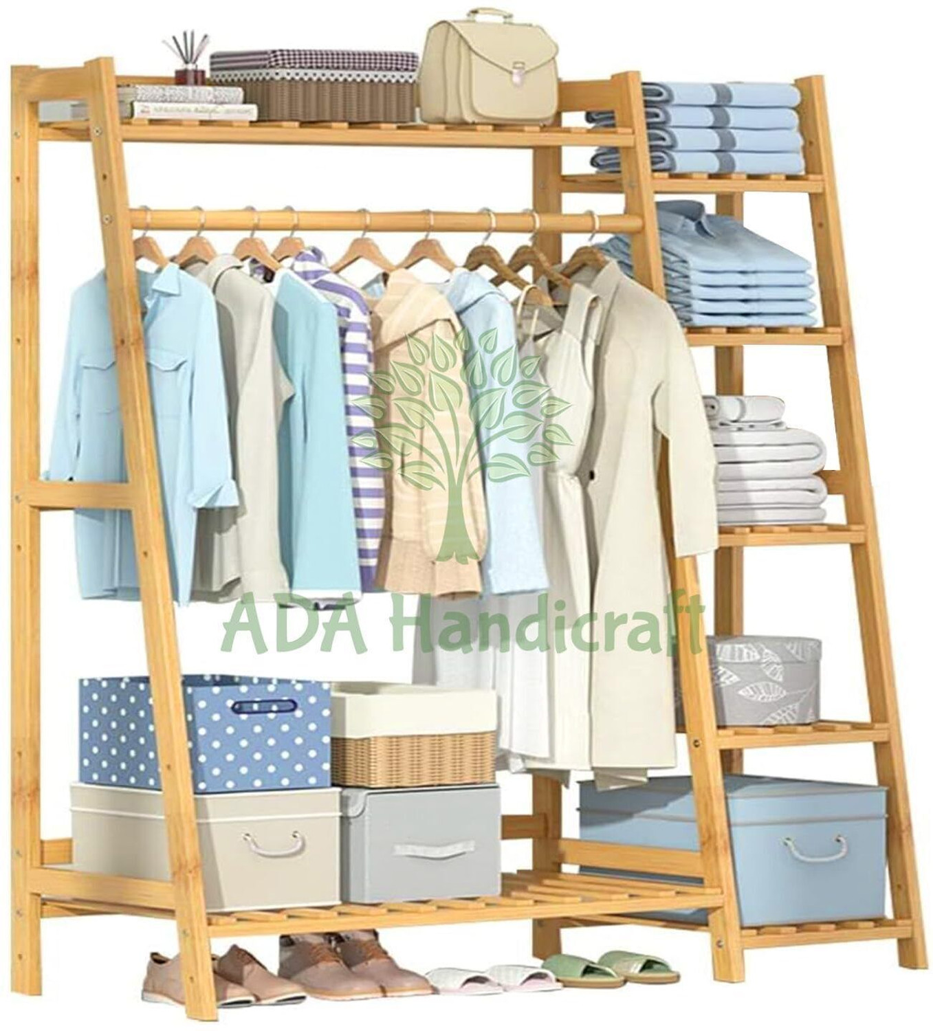 Image of ADA Handicraft Premium Natural Bambo Cloth Garment Rack Storage Shelf with Suitcase Rack 5-Tier Bamboo Coat and Umbrella Stand