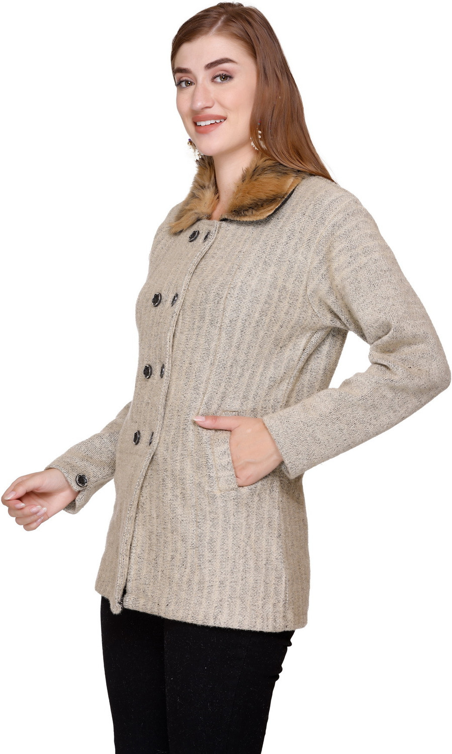 Image of Biwu 100% Wool Striped Coat For Women