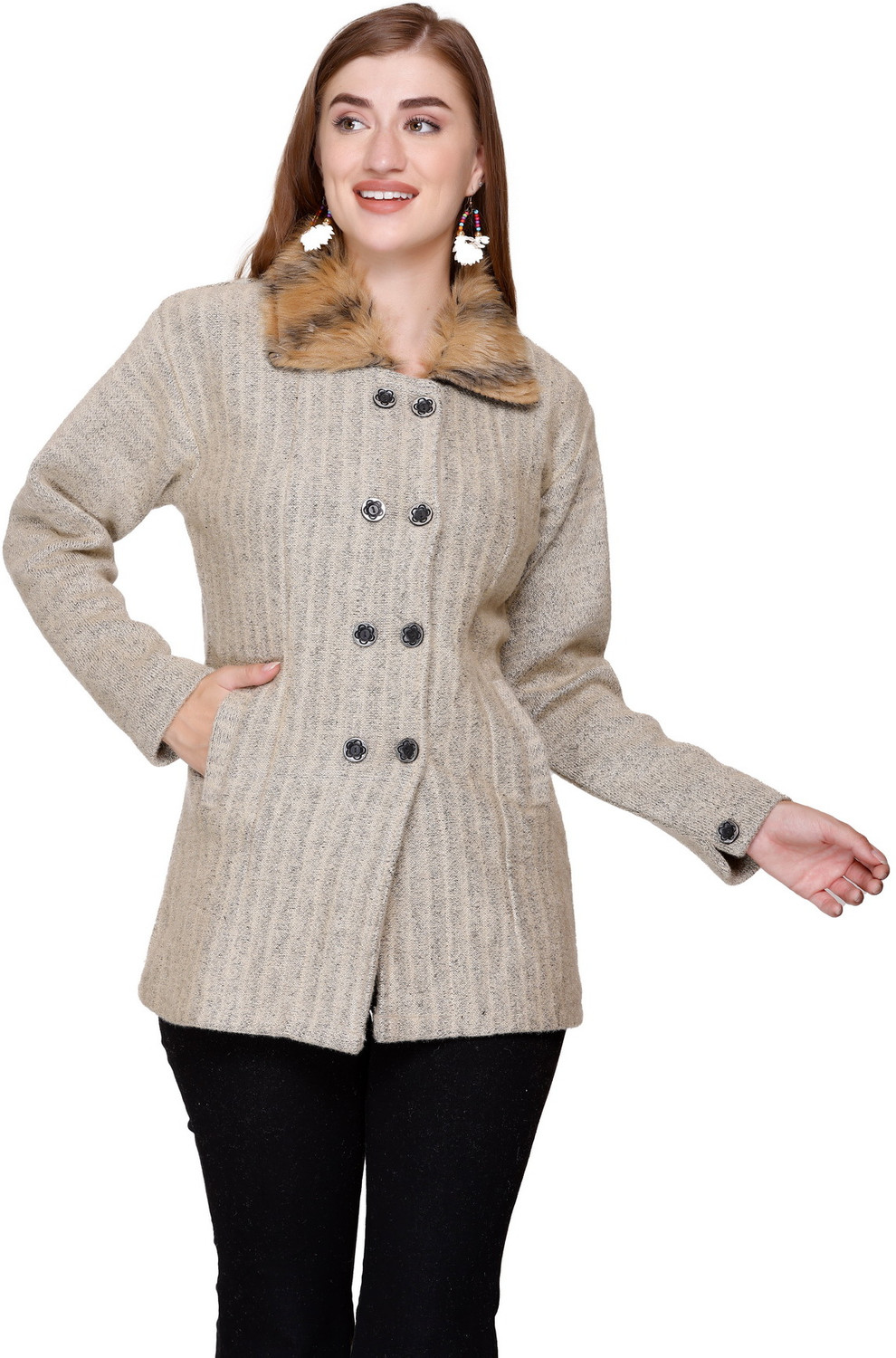 Image of Biwu 100% Wool Striped Coat For Women
