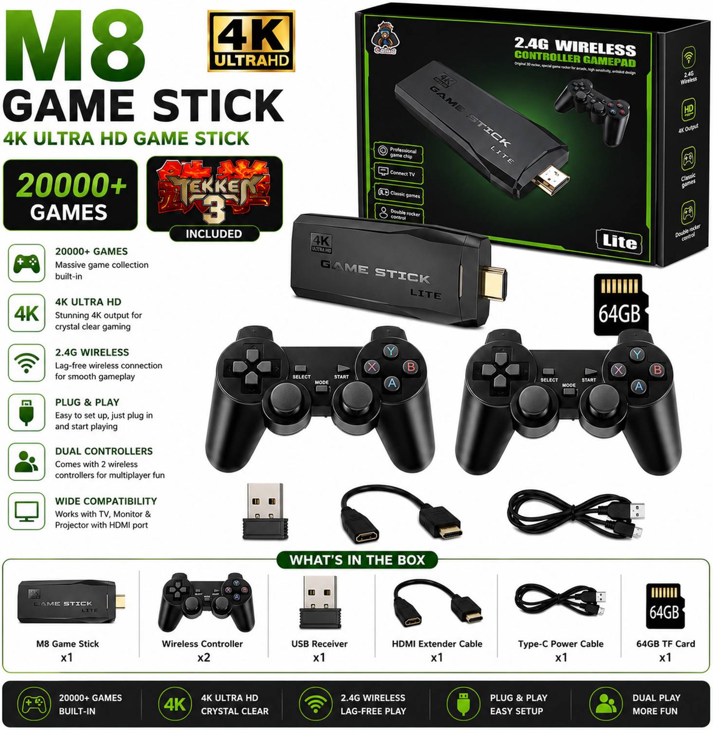 M8 4K Retro Game Stick 64GB 20000+ Games Dual Wireless Controllers with Game and Expansion Pack