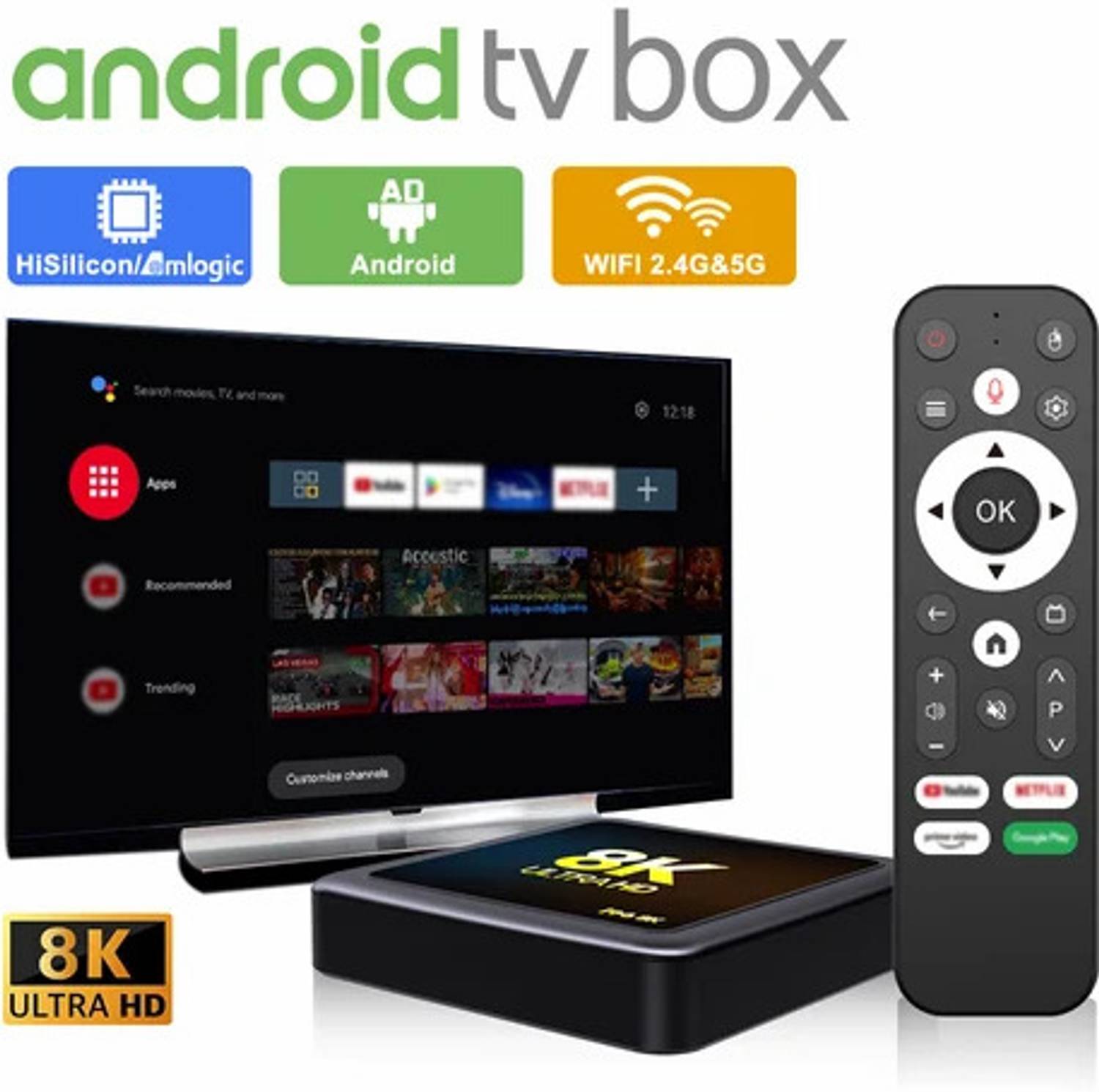 8 K Android, TV Box-S, Ultra HD Smart Media Player with Remote