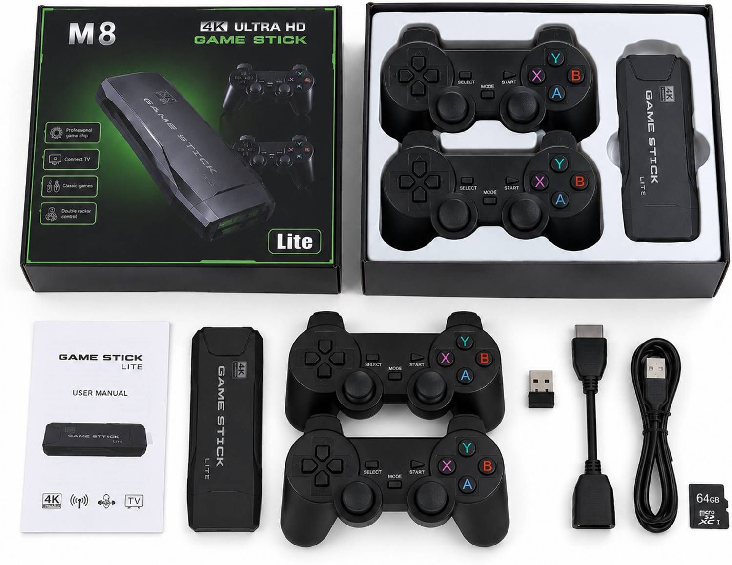 M8 4K Ultra HD Game N2 Stick 20000+ Games 64GB Dual Wireless Controllers HDMI TV with Game and Expansion Pack