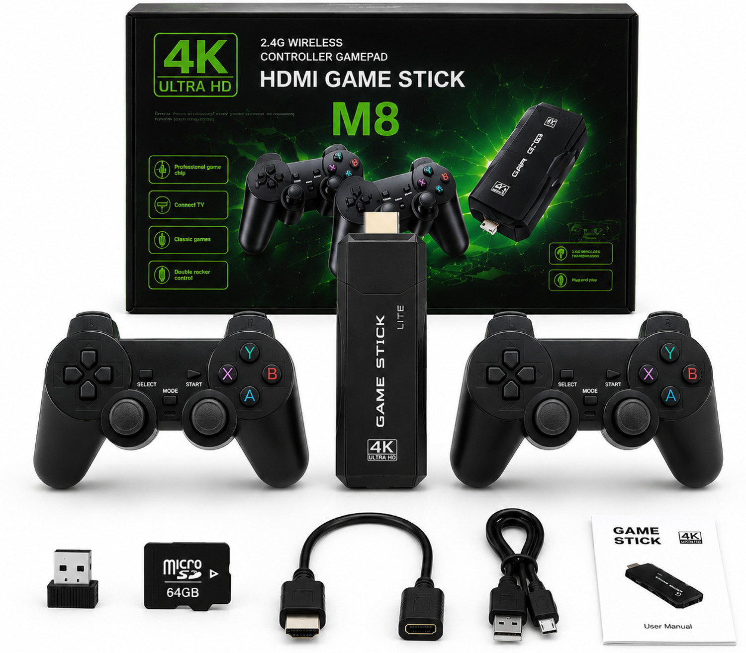 Image of M8 4K Ultra HD Game Stick 20000+ Games 64GB Dual Wireless Controllers HDMI TV with Game and Expansion Pack