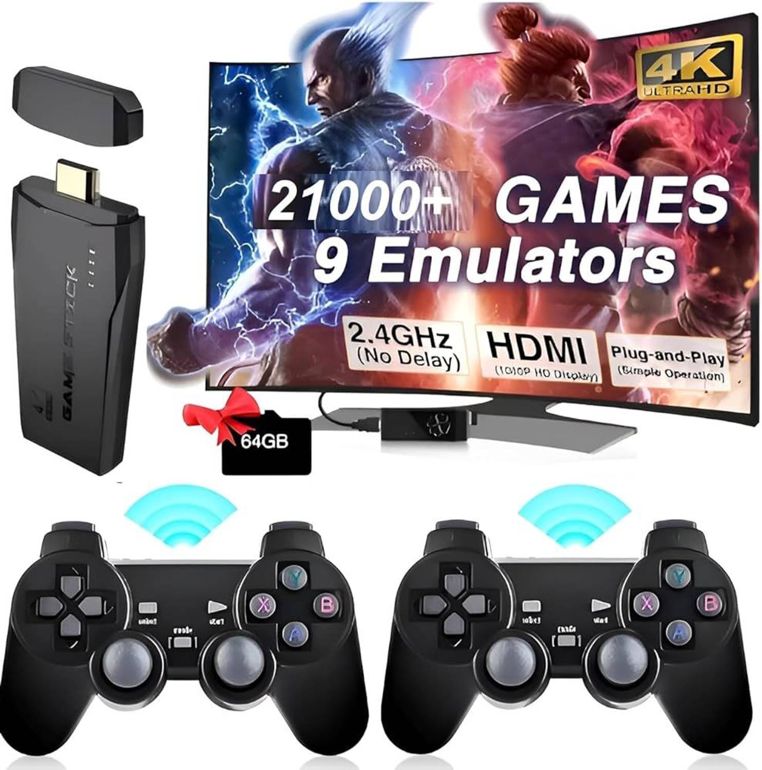 GameStick 2.4G Wireless Controller 4K HD Console Built-in 10k+ Retro Games AX62 Black Edition