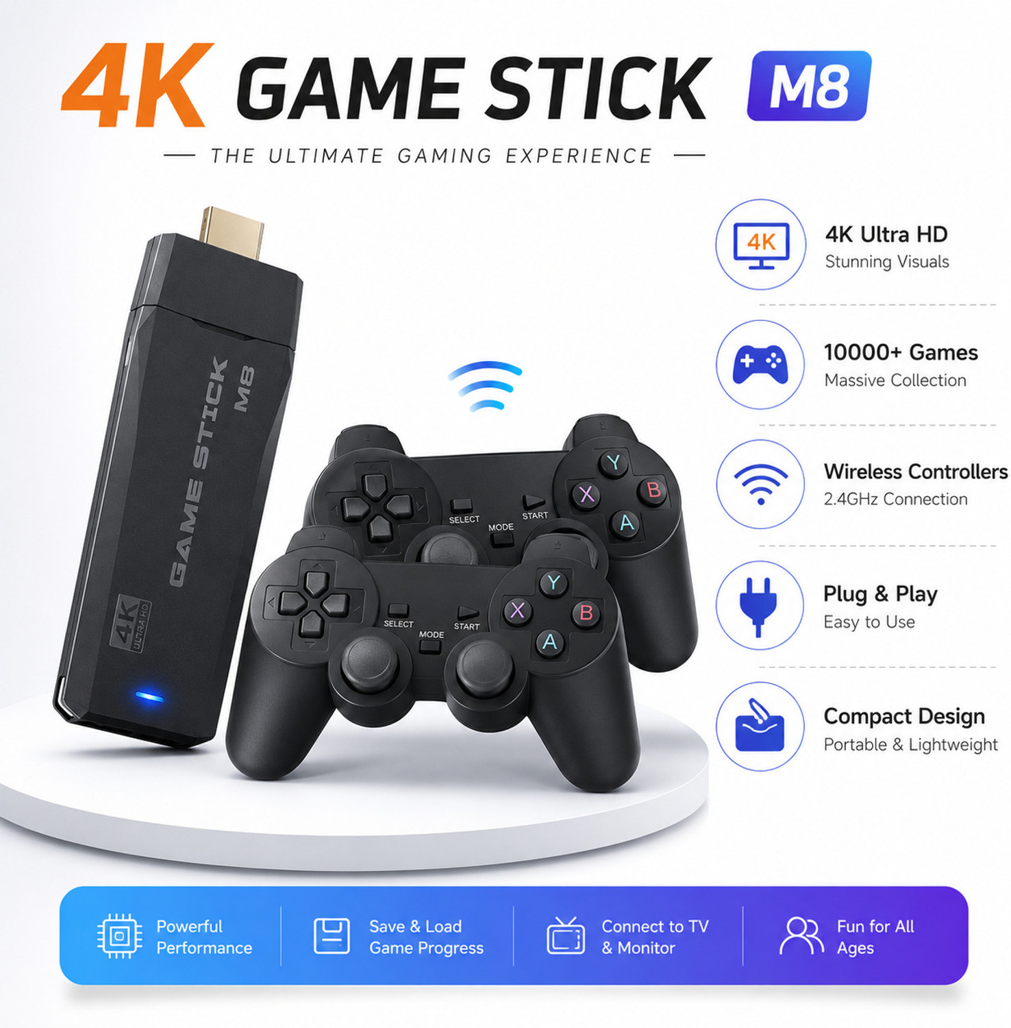 Image of M8 4K Ultra HD Game Stick 20000+ Games 64GB Dual Wireless Controllers HDMI TV with Game and Expansion Pack