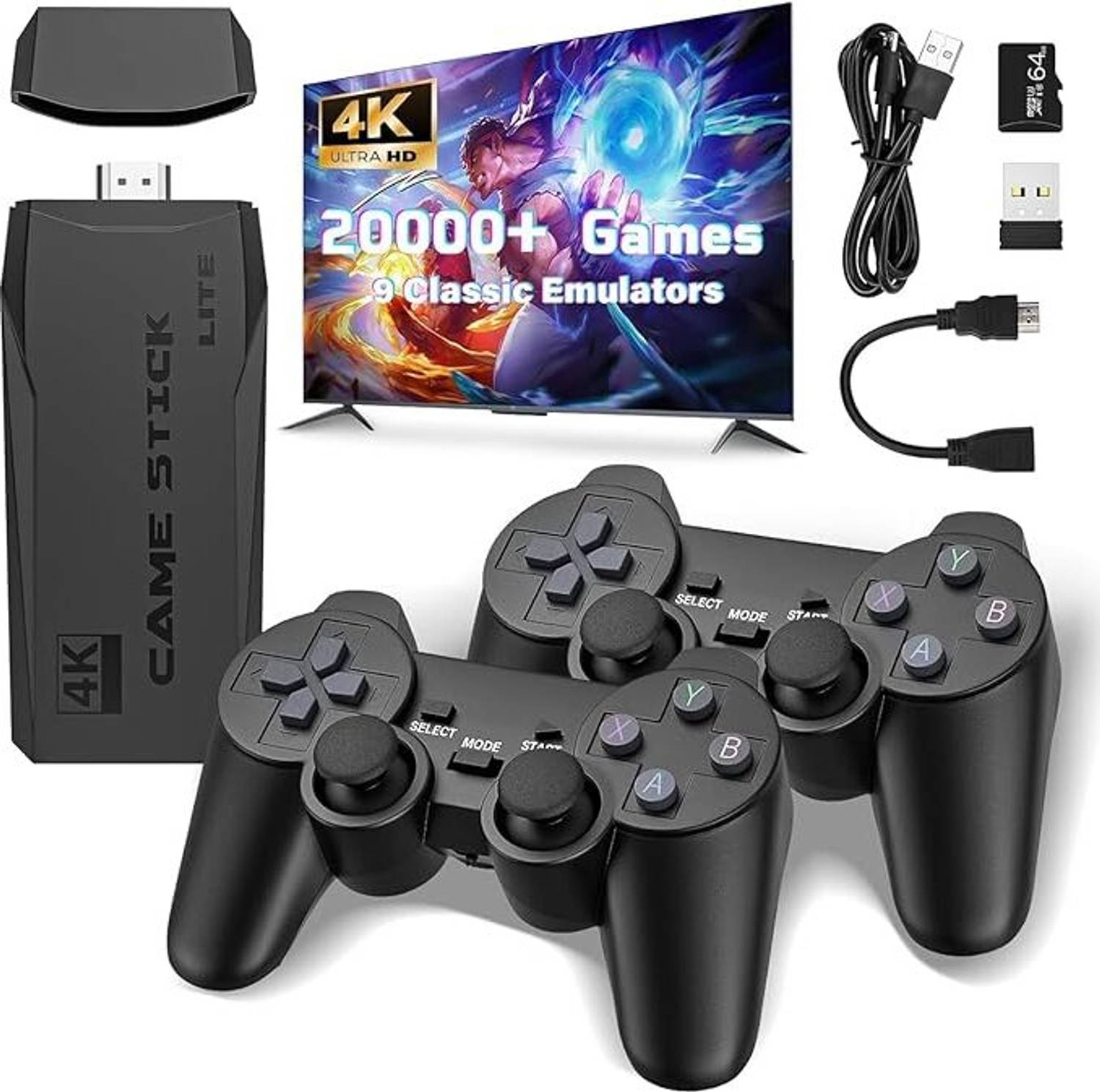 Timkolas 2.4g console video game with 4K Ultra Game Stick&Dual 2.4G Wireless Gamepads_06 32 GB with Super Mario Bros, Contra, Adventure Island, Double Dragon, Mortal , Tekken 3