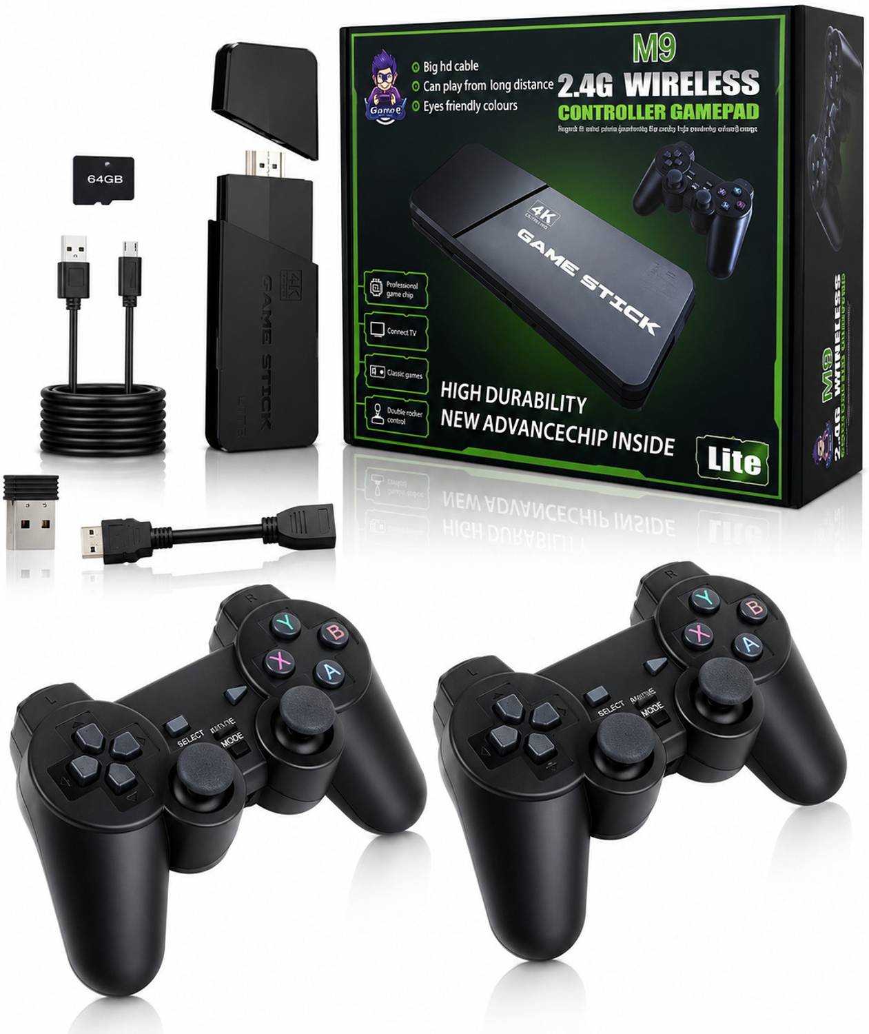 M8 4K Ultra HD Game H9 Stick 64GB 20000+ Games Dual Wireless Controllers with Game and Expansion Pack