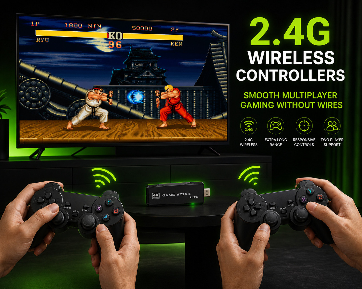 Image of M8 4K Ultra HD Game Stick 20000+ Games 64GB Dual Wireless Controllers HDMI TV with Game and Expansion Pack