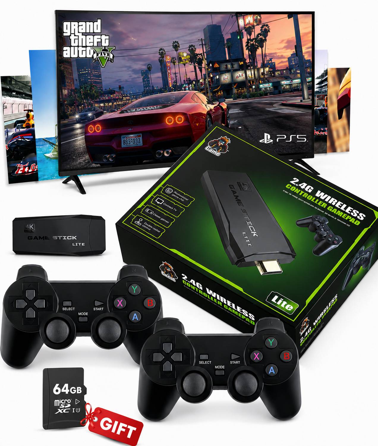 M8 4K Ultra HD Game L6 Stick 64GB 20000+ Games Dual Wireless Controllers with Game and Expansion Pack