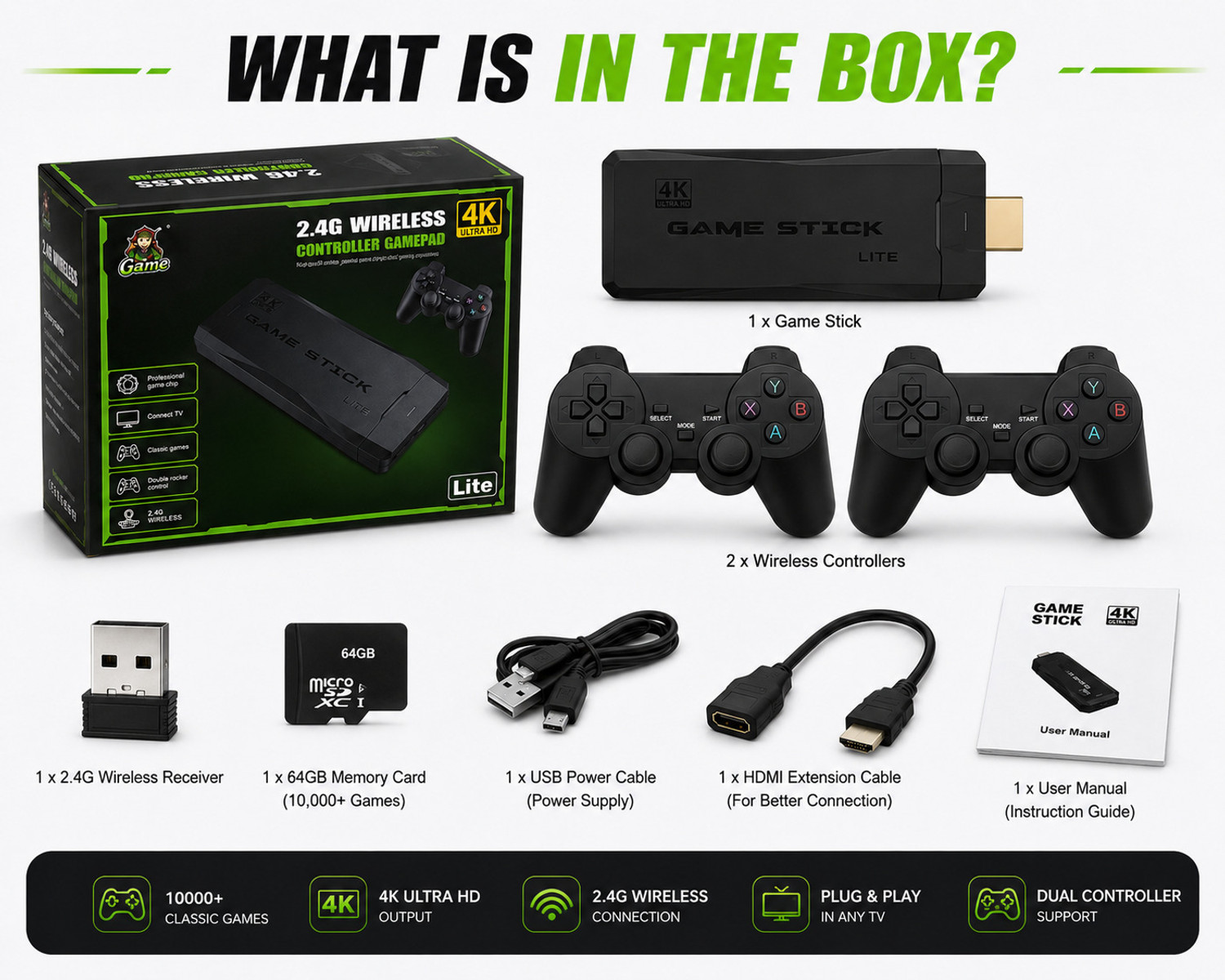 Image of M8 4K Ultra HD Game Stick 20000+ Games 64GB Dual Wireless Controllers HDMI TV with Game and Expansion Pack