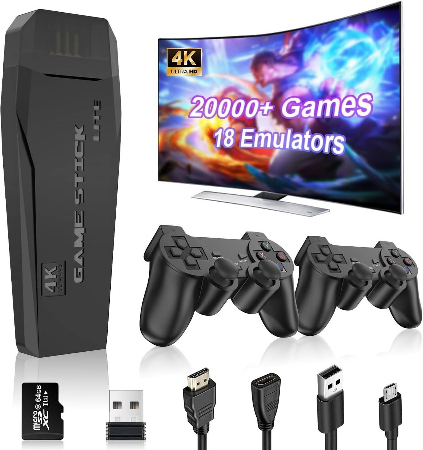 Timkolas 2.4g console video game with 4K Ultra Game Stick&Dual 2.4G Wireless Gamepads_08 32 GB with Super Mario Bros, Contra, Adventure Island, Double Dragon, Mortal , Tekken 3