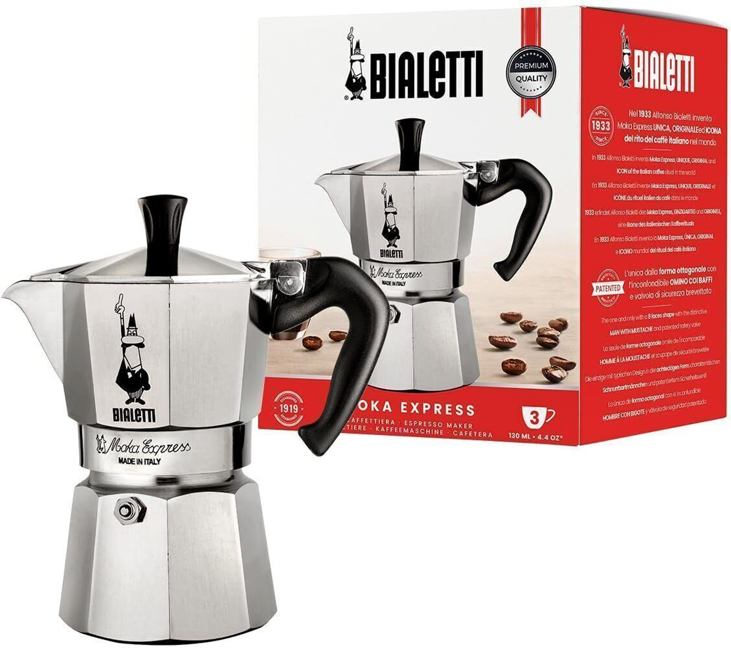 Image of Bialetti Moka Express Stove Top Espresso Coffee Maker Acrylic Handle & Knob 2 cups 3 Cups Coffee Maker