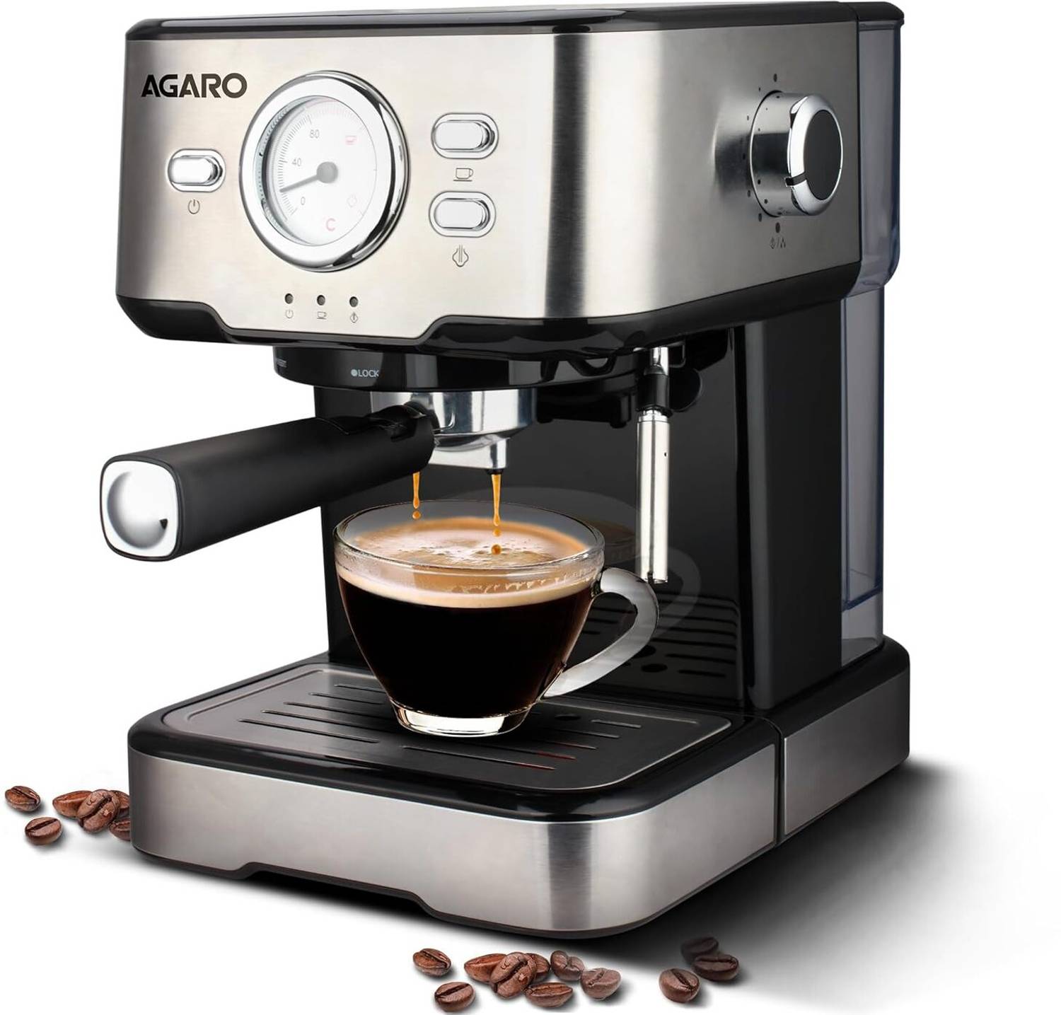 AGARO Imperial Espresso Coffee Maker, Coffee Machine, 15 Bars, With Foaming Milk, Frother Wand for Espresso, Cappuccino, Latte and Mocha, Steam, Adjustable Milk Frothing and Double Temperature Control System,1100W 6 Cups Coffee Maker