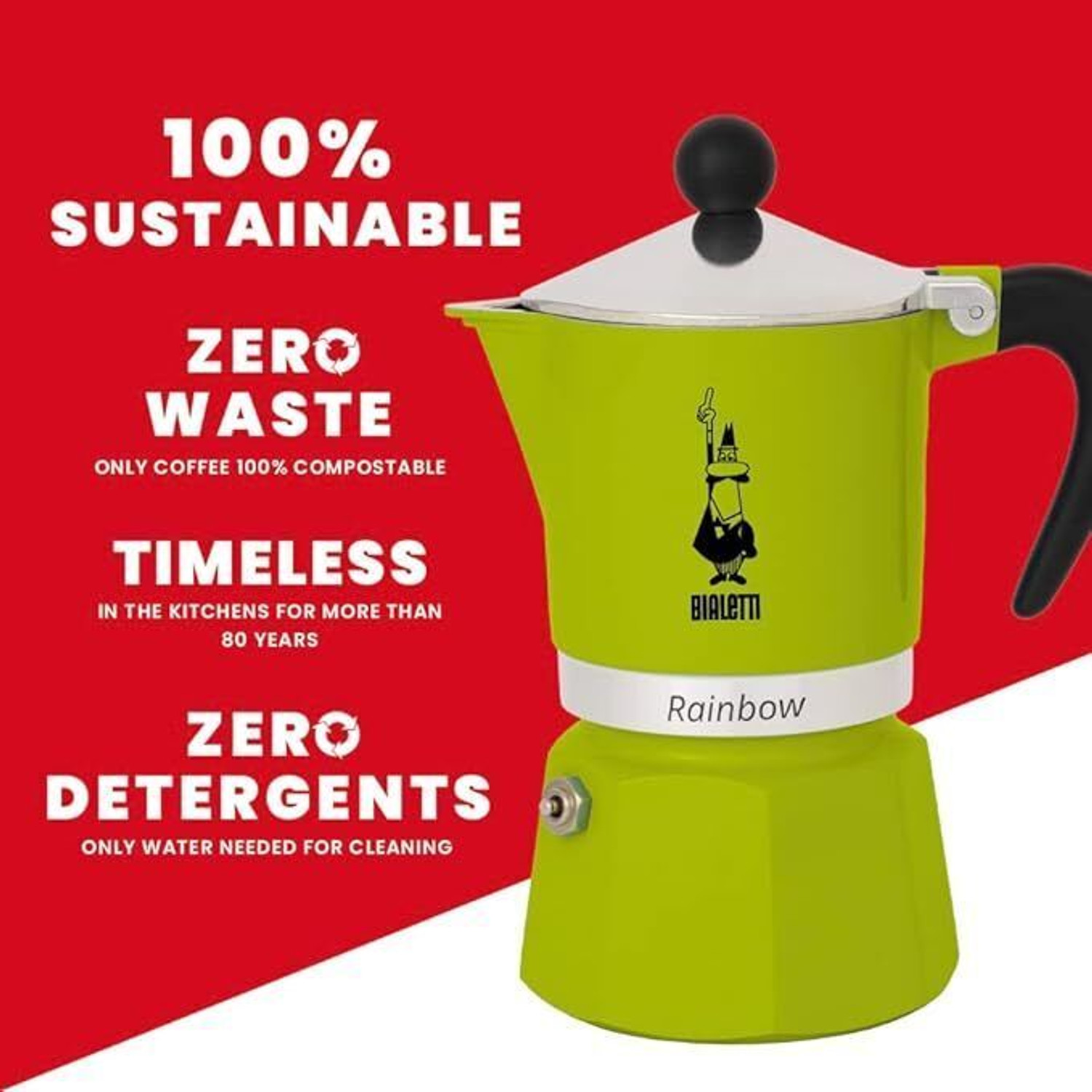 Image of Bialetti Rainbow Coloured Stovetop Coffee Maker, Aluminium, GREEN(3 Cups) 3 Cups Coffee Maker